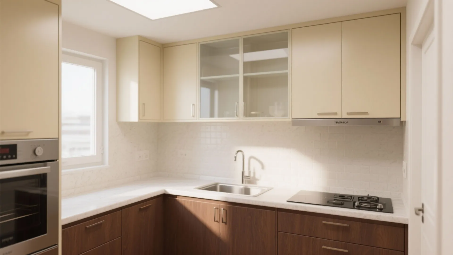 Small kitchen with rich brown lowers and cream upper cabinets creating a lifted, airy feel