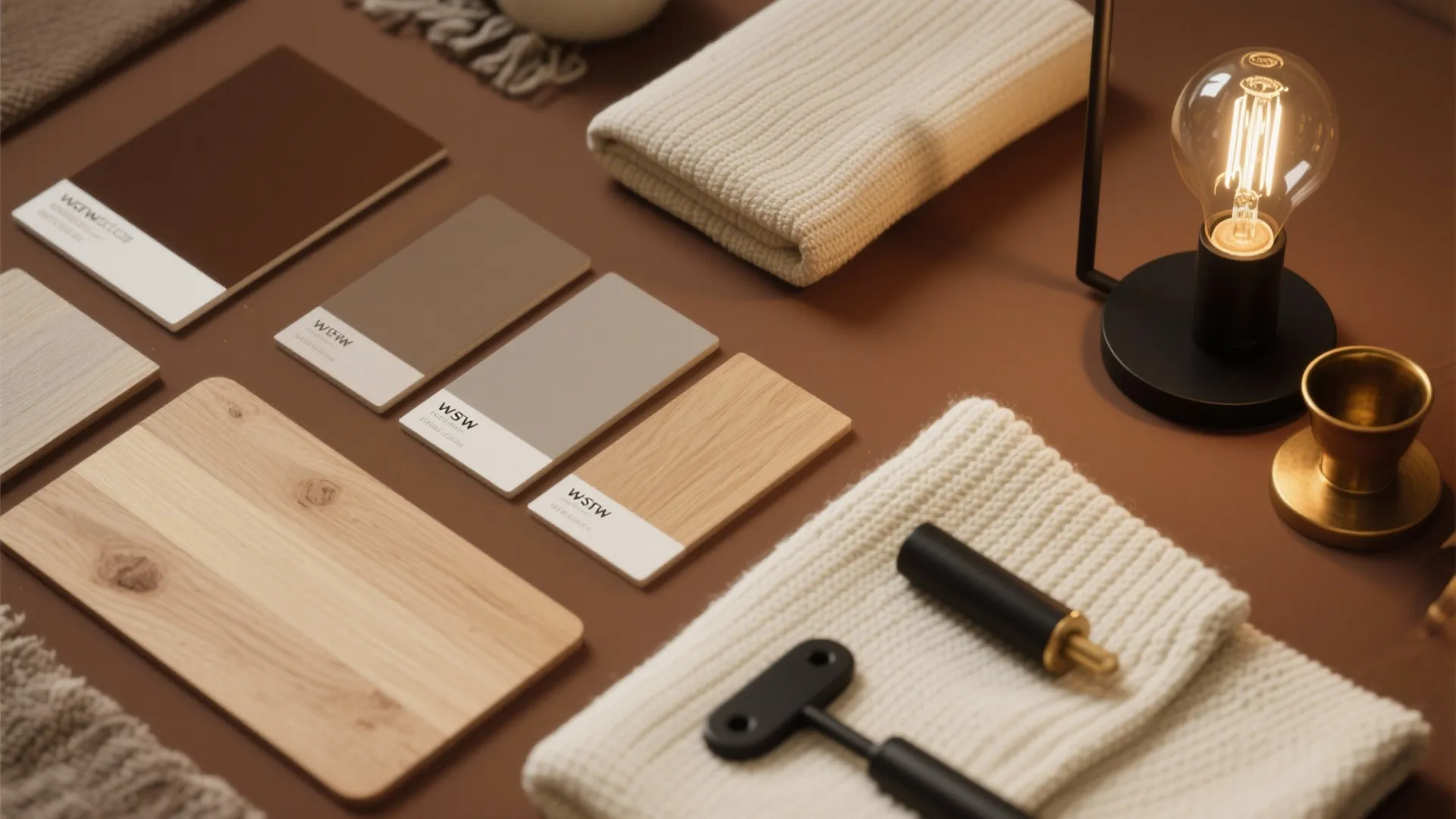 Interior design material board with wood samples color swatches fabric and a small light fixture