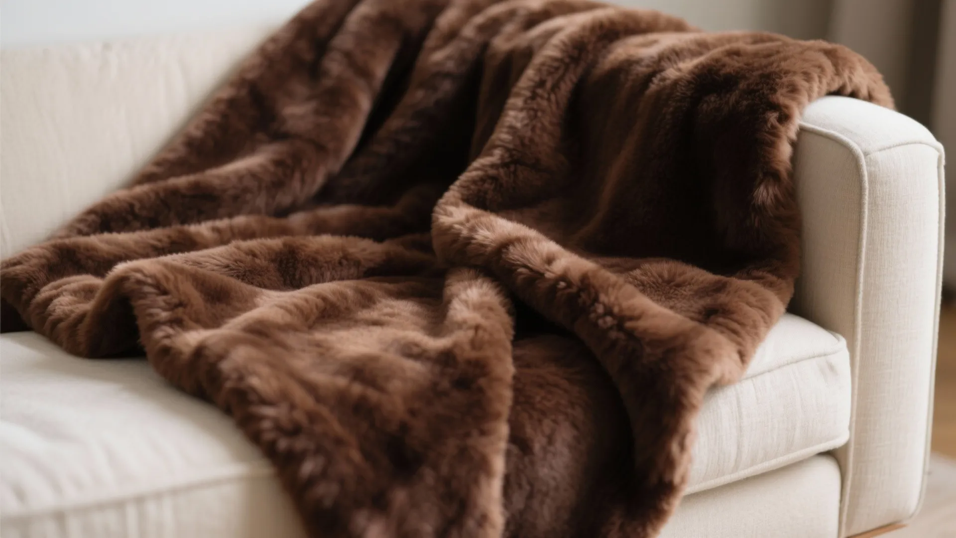 Soft brown faux fur blanket draped over a white sofa in a cozy home interior setting