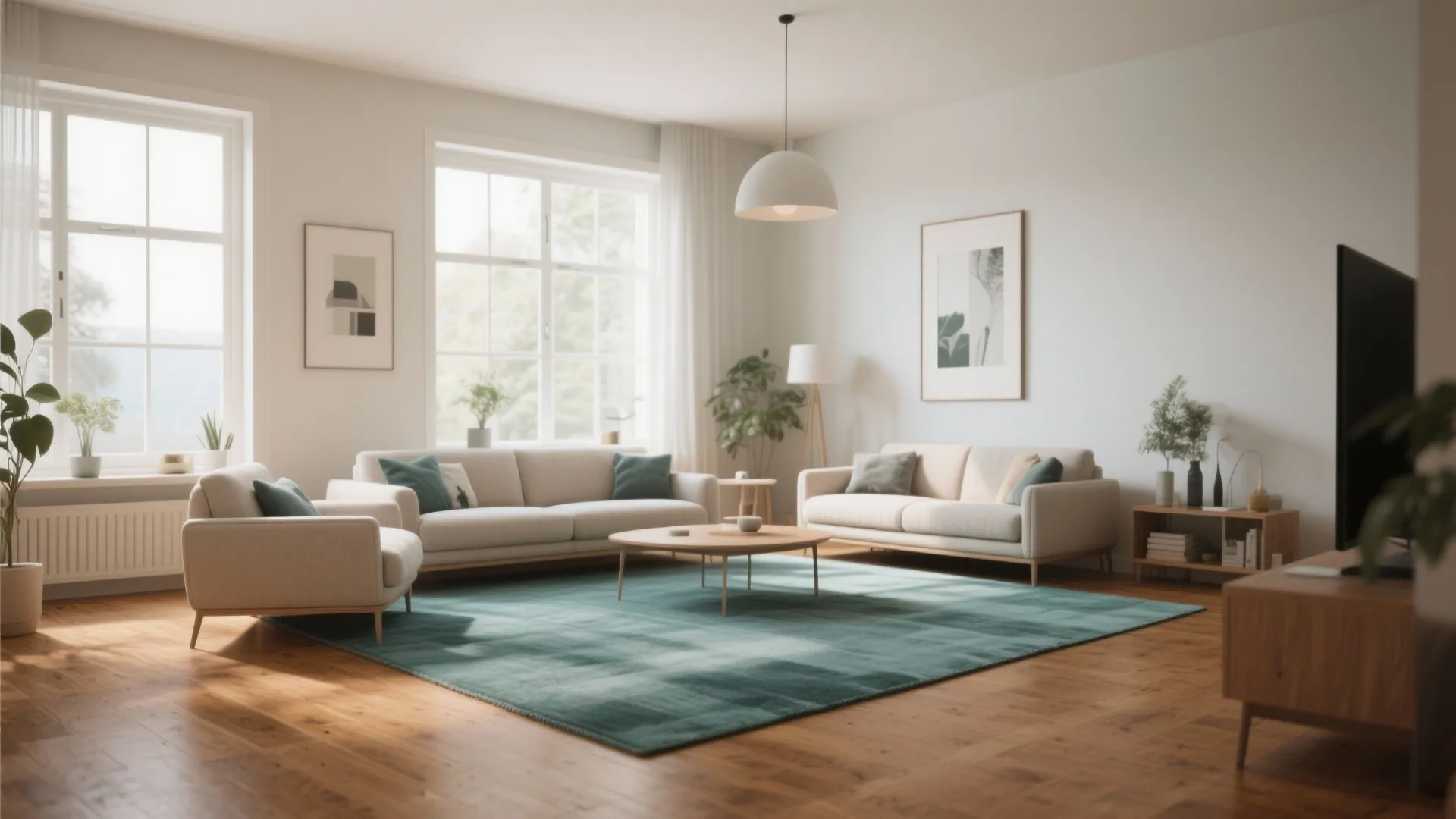 7. Brown Wooden Floor with Teal Area Rug