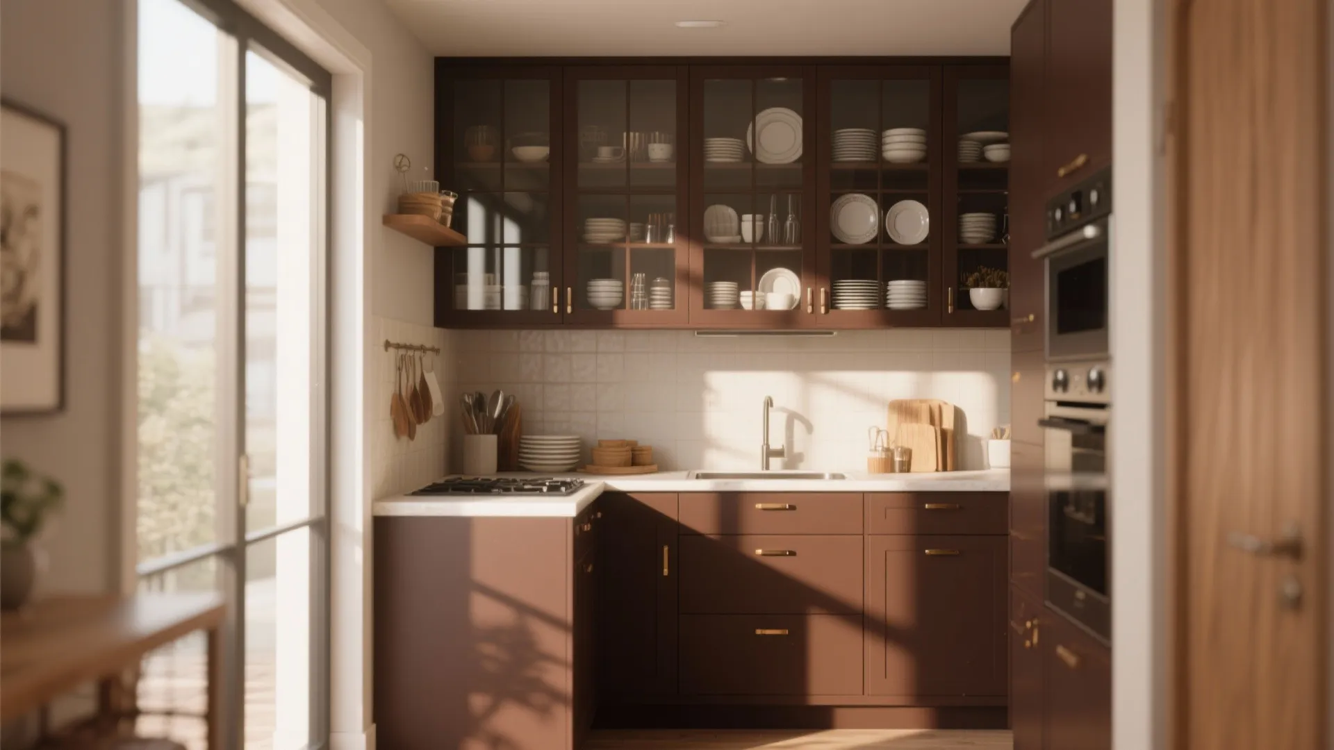 Modern kitchen with brown glass door cabinets white countertop sink stove and wooden floor with sunlight