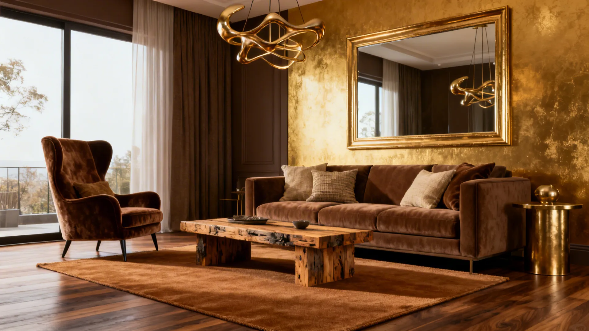 Living room with brown sofa wooden coffee table gold wall mirror and gold ceiling light