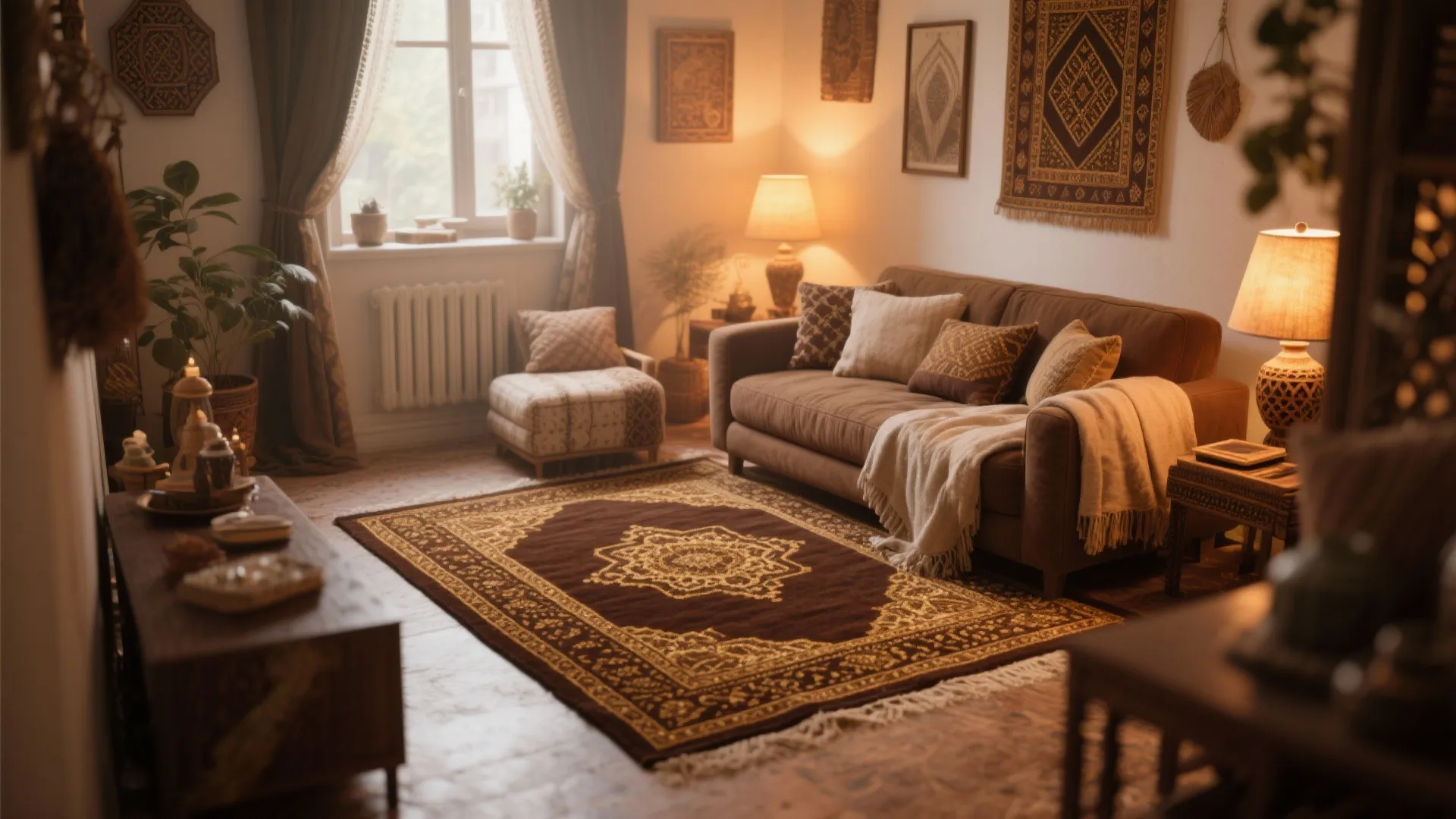 Espresso brown Moroccan-style rug with gold design