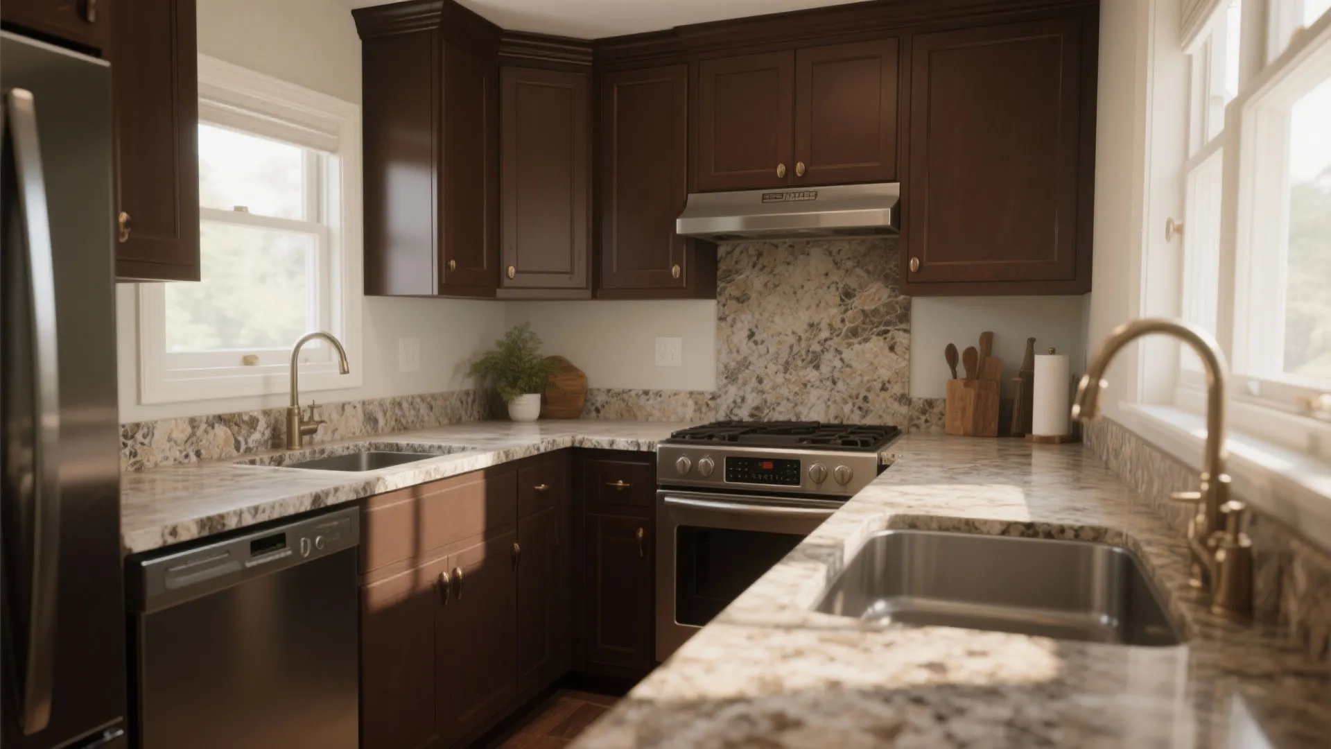 Kitchen design with dark brown wood cabinets granite countertops stainless steel appliances and double sinks