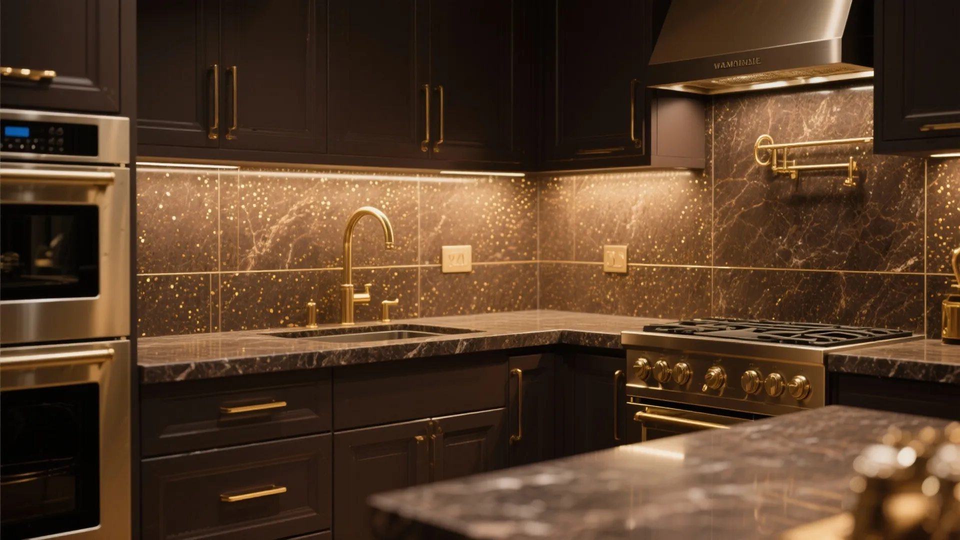 Modern dark kitchen with brown stone backsplash gold faucet black cabinets and integrated cooking oven