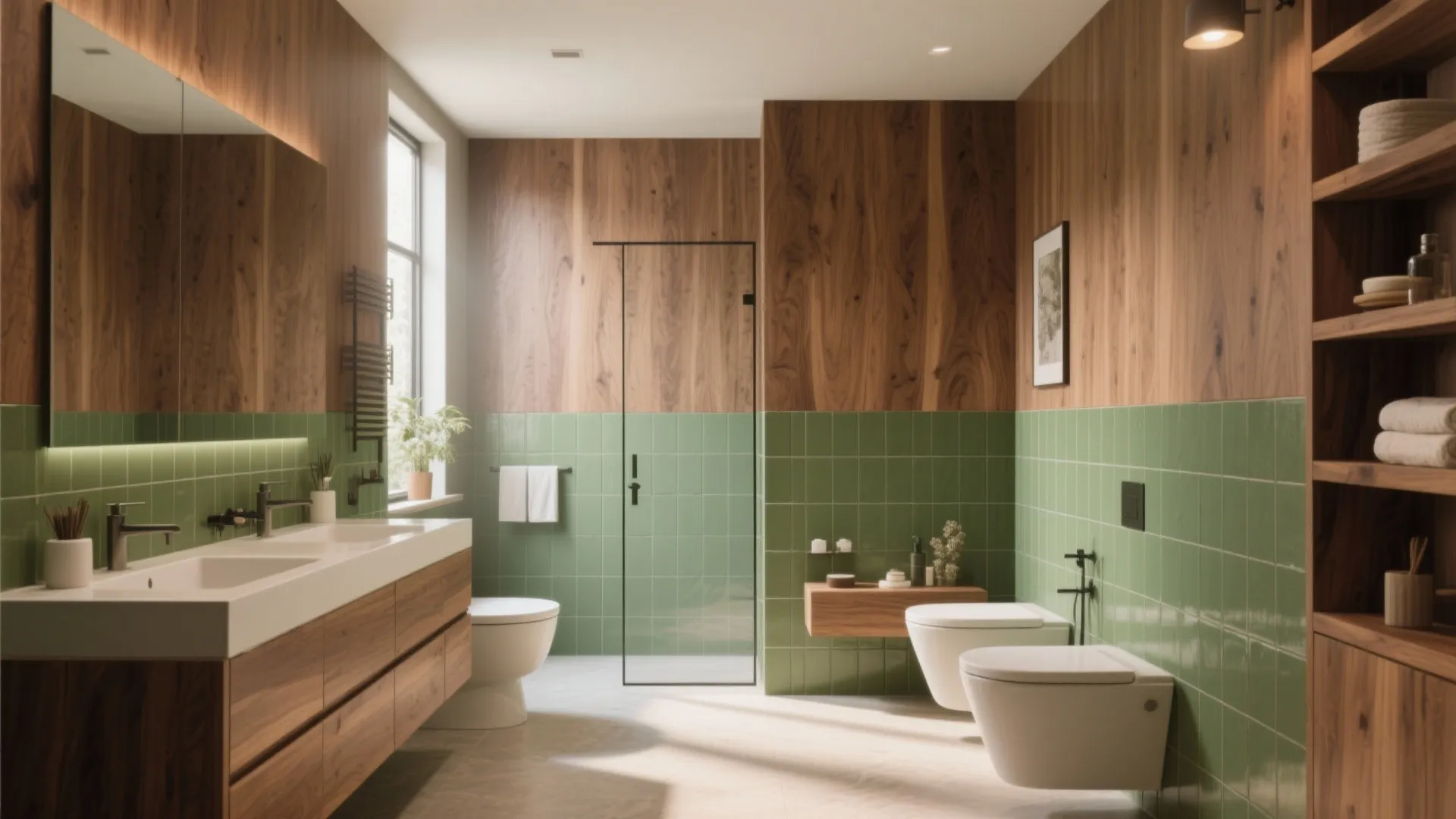 Spacious bathroom with green wall tiles wood paneling double sink cabinet and modern white toilets