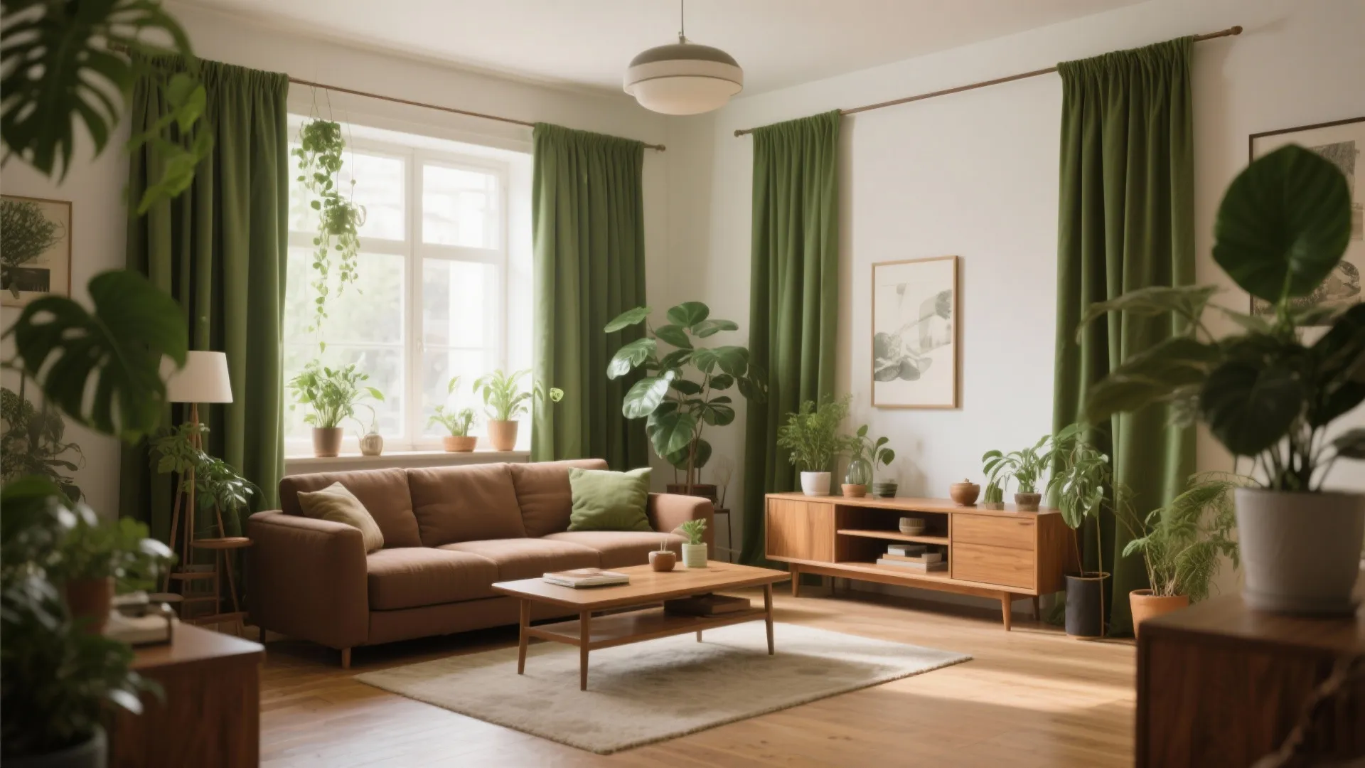 Brown sofa in living room with green curtains wooden coffee table and indoor potted plants