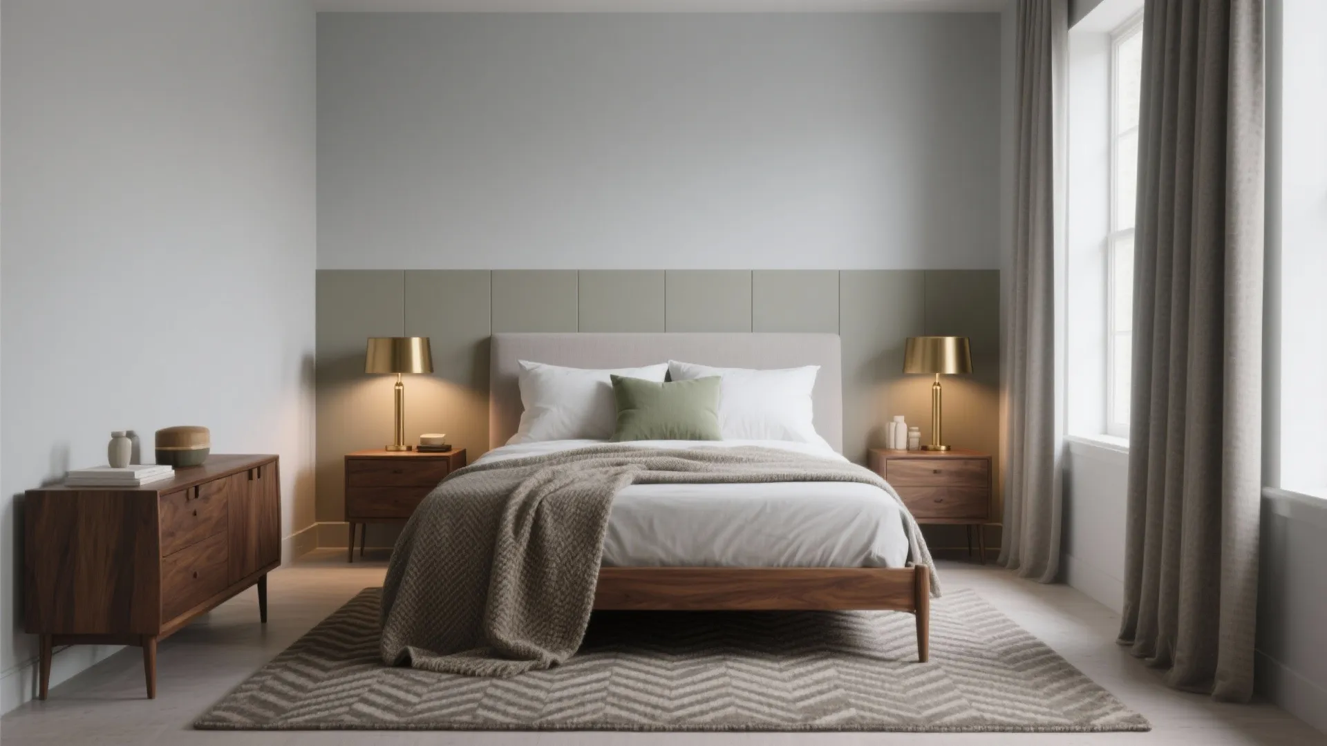 Minimalist bedroom featuring wooden cabinet, grey rug, green pillow, gold light fixtures, and long grey curtains