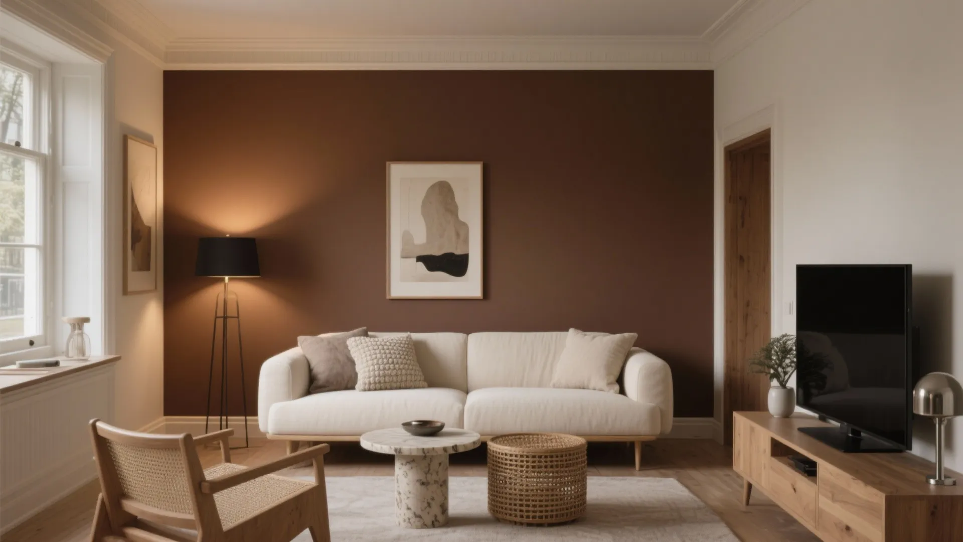 Modern living room with brown accent wall white sofa floor lamp coffee table and wooden cabinet