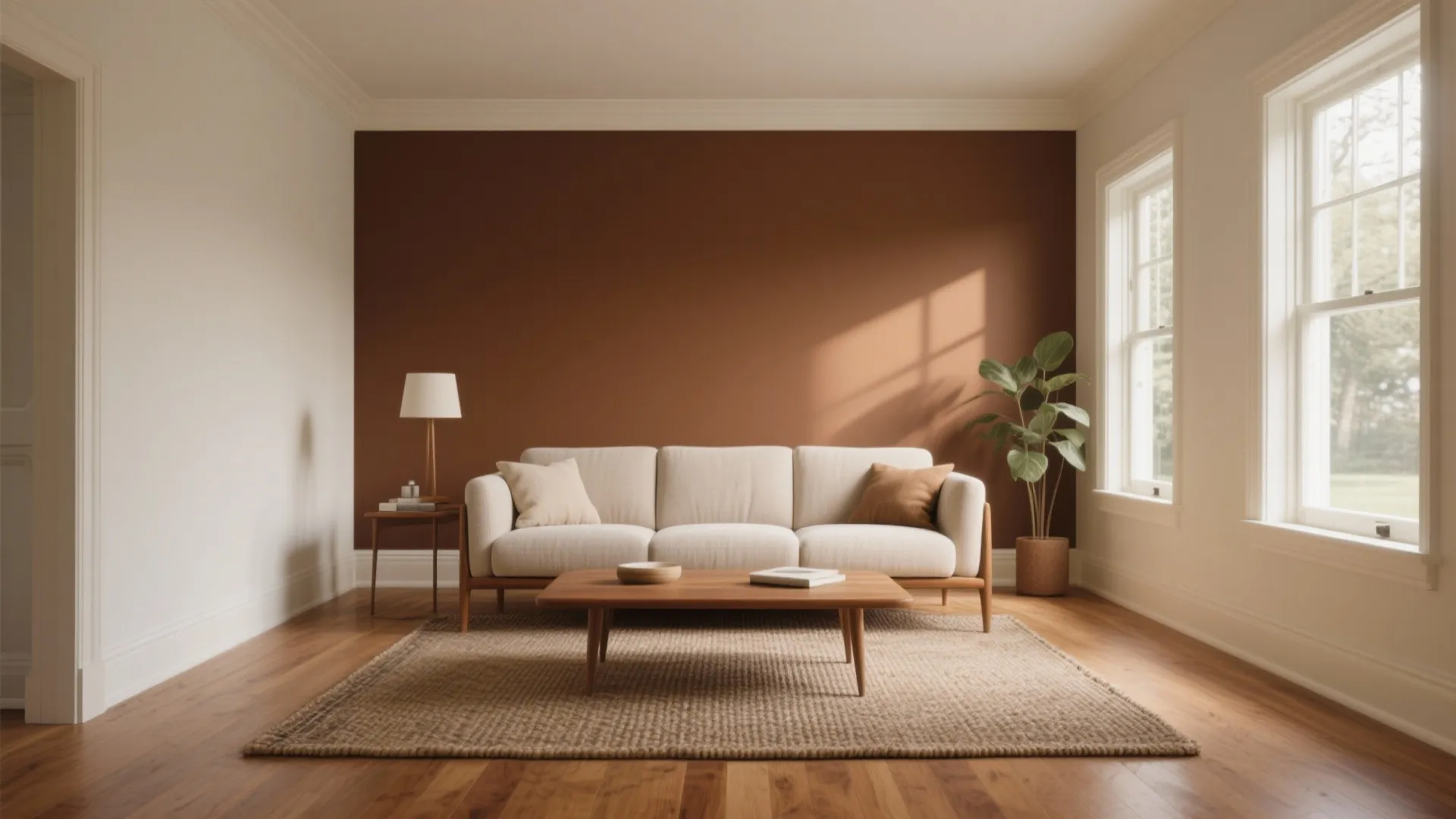 Minimalist living room with brown accent wall white sofa wooden coffee table and indoor plant