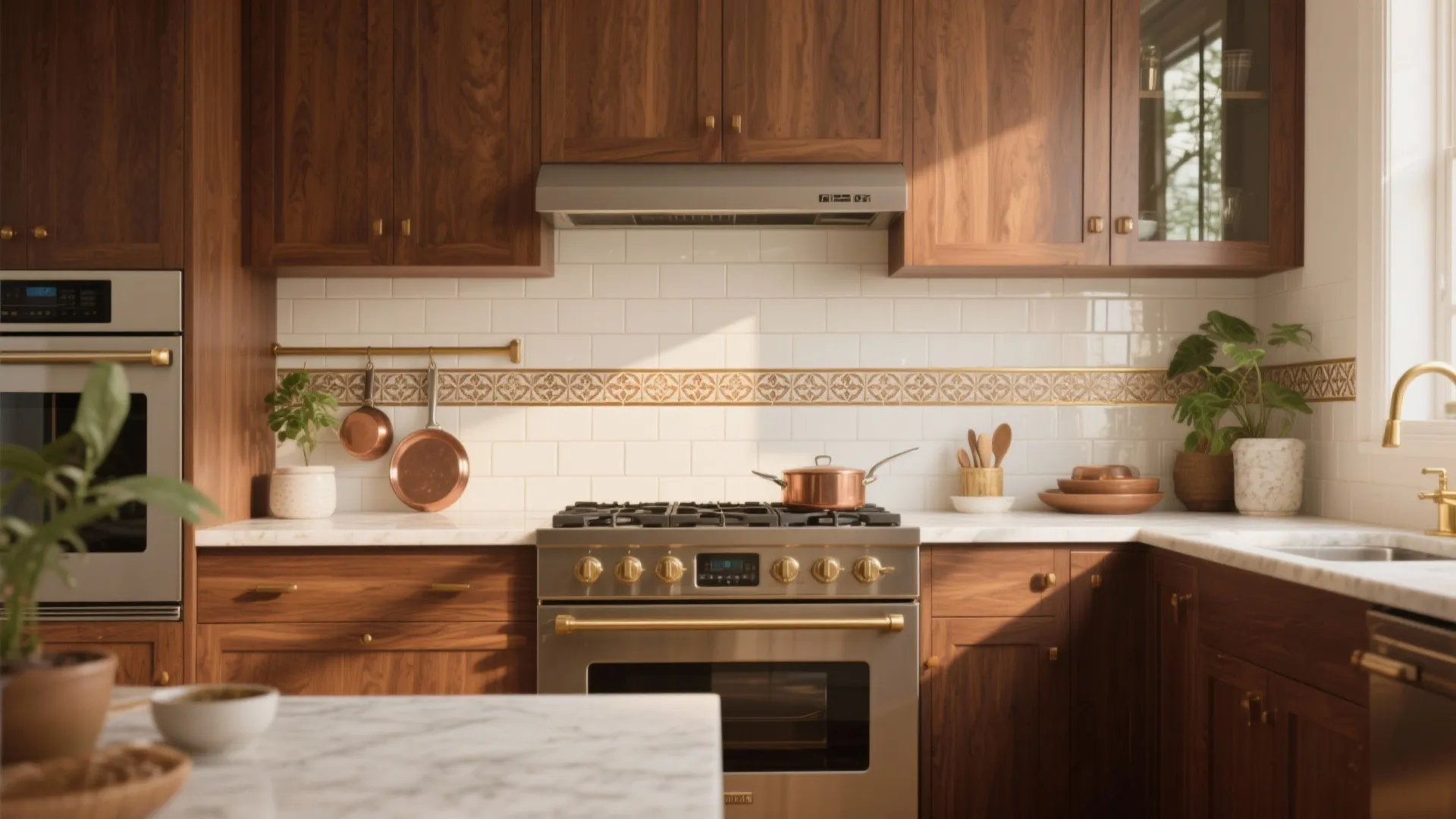 Warm wooden kitchen cabinets featuring white tile backsplash gold hardware steel gas stove and natural lighting
