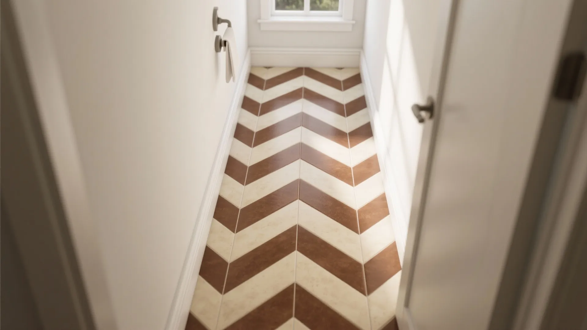Top-down view of cocoa-brown herringbone floor with cream grout in a narrow powder room