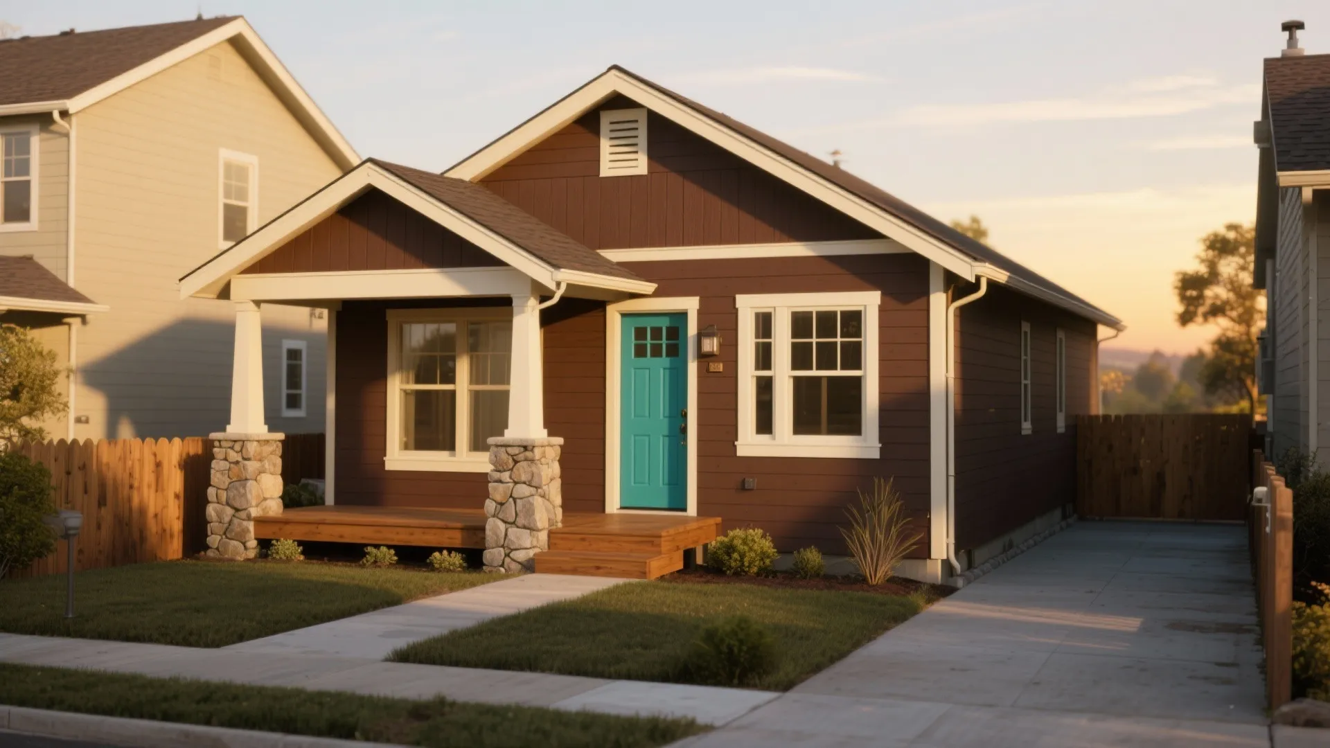 Small brown wooden house with a bright blue door stone pillars and a green lawn