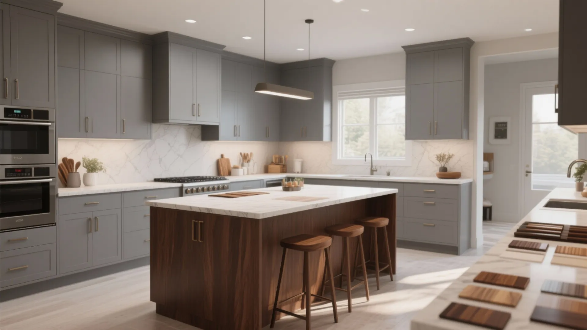 Kitchen with gray perimeter cabinets and a warm brown island as the focal point.