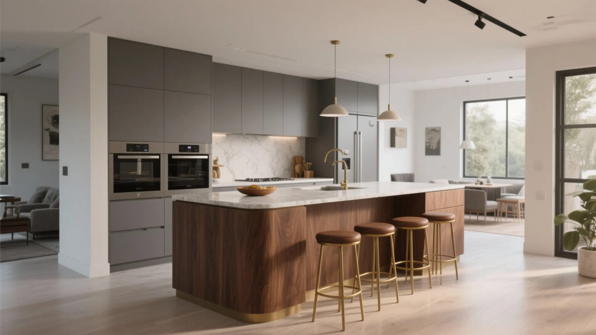 Open kitchen with a brown island and grey perimeter cabinets, island as seating focal point.