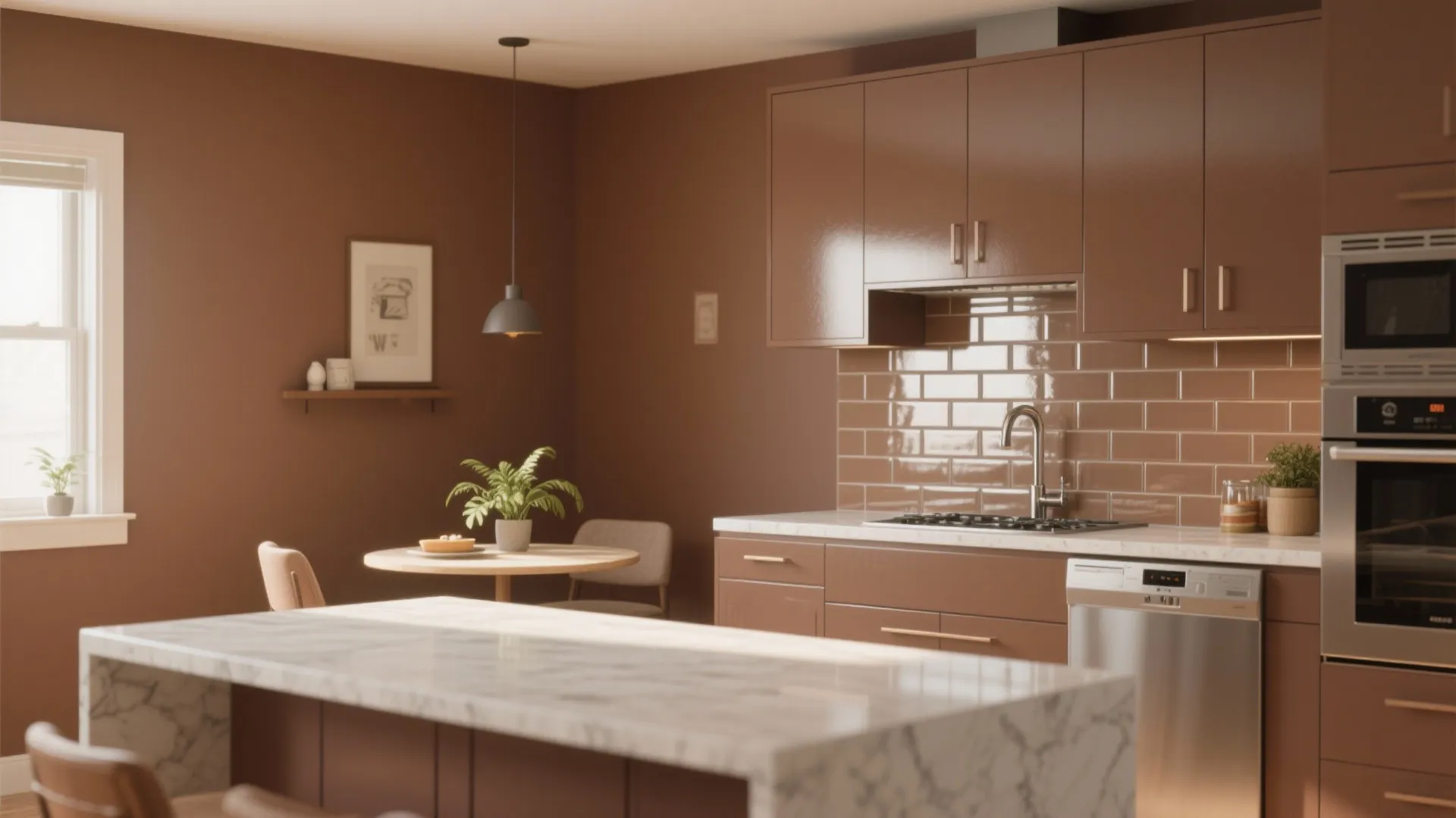Brown kitchen design with marble island cabinets tile backsplash small dining table and light fixture