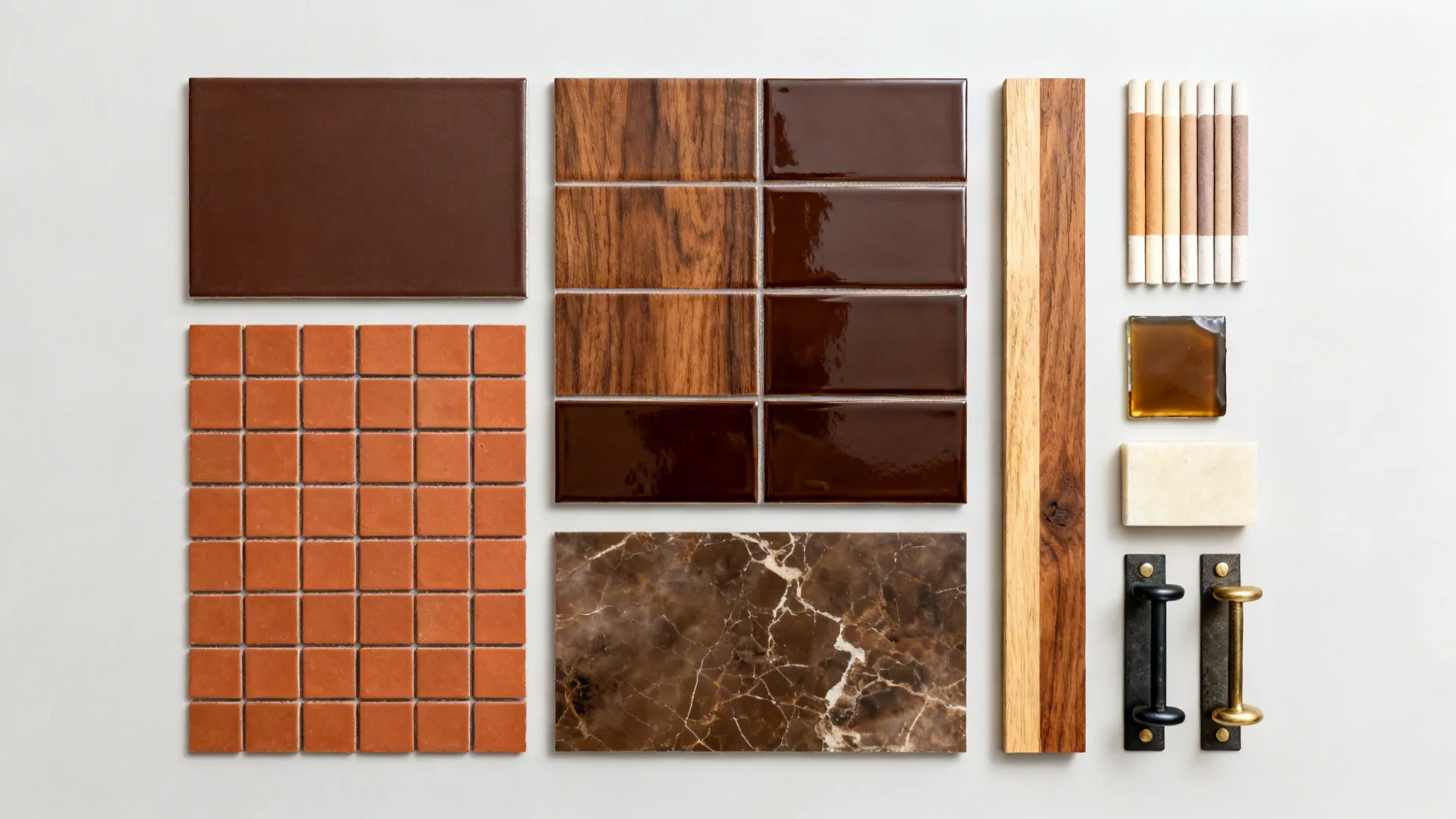 Top-down material board with brown tile samples, grout sticks, cream quartz, oak, and brass.