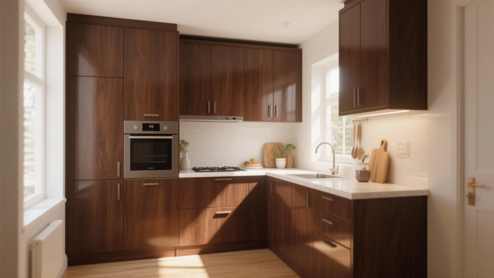 L-shaped kitchen with dark wood cabinets white wall tiles built-in oven and bright window natural light