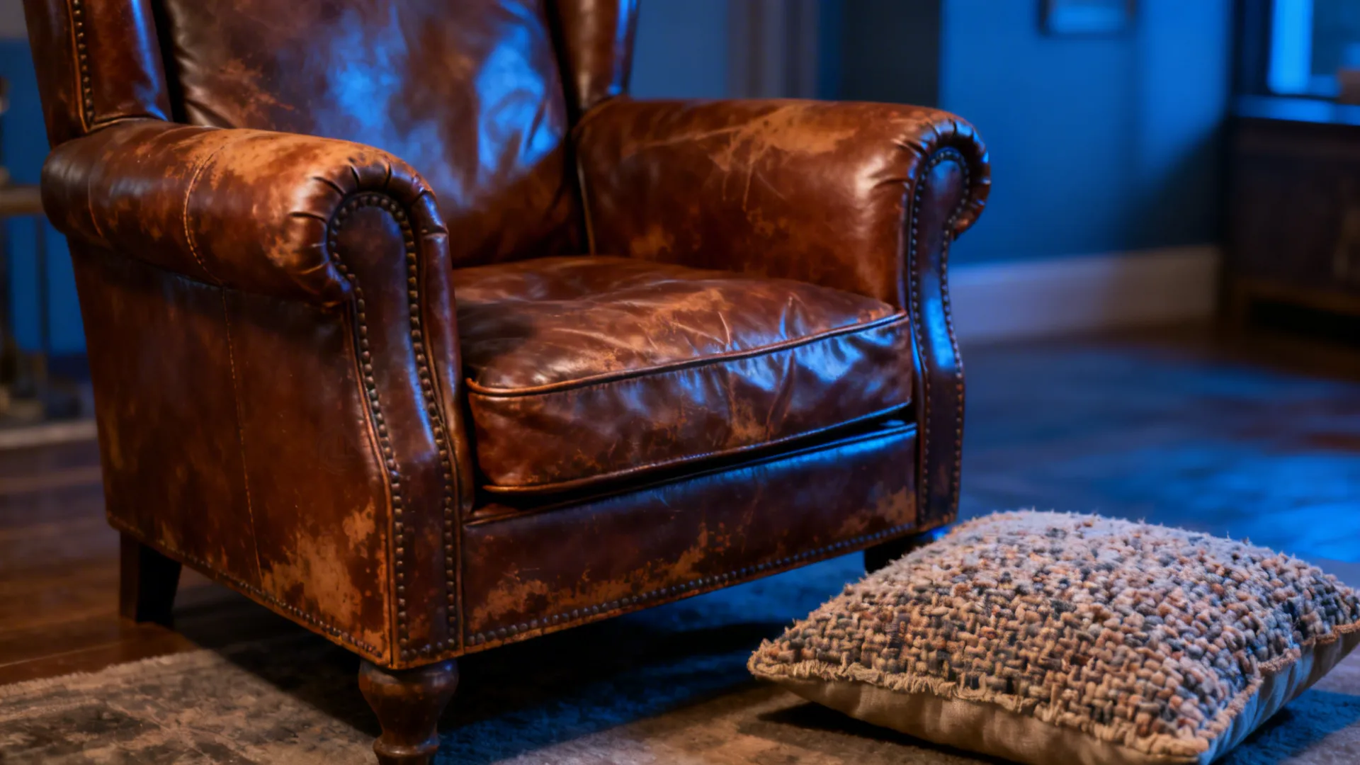 Brown leather armchair with visible patina paired with a boucle pillow in a blue-accented living room.