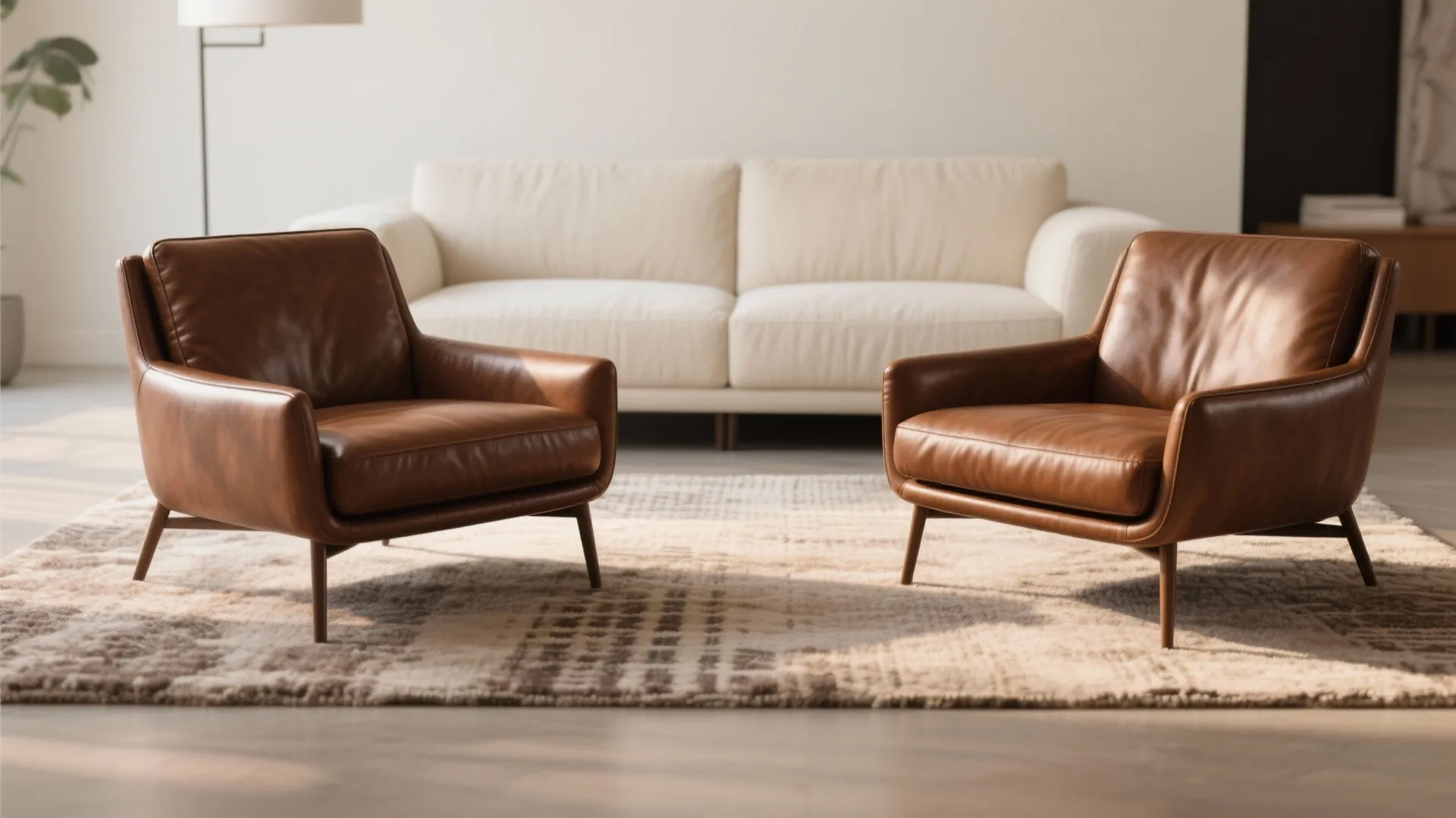 Chocolate brown leather accent chairs complementing a cream sofa