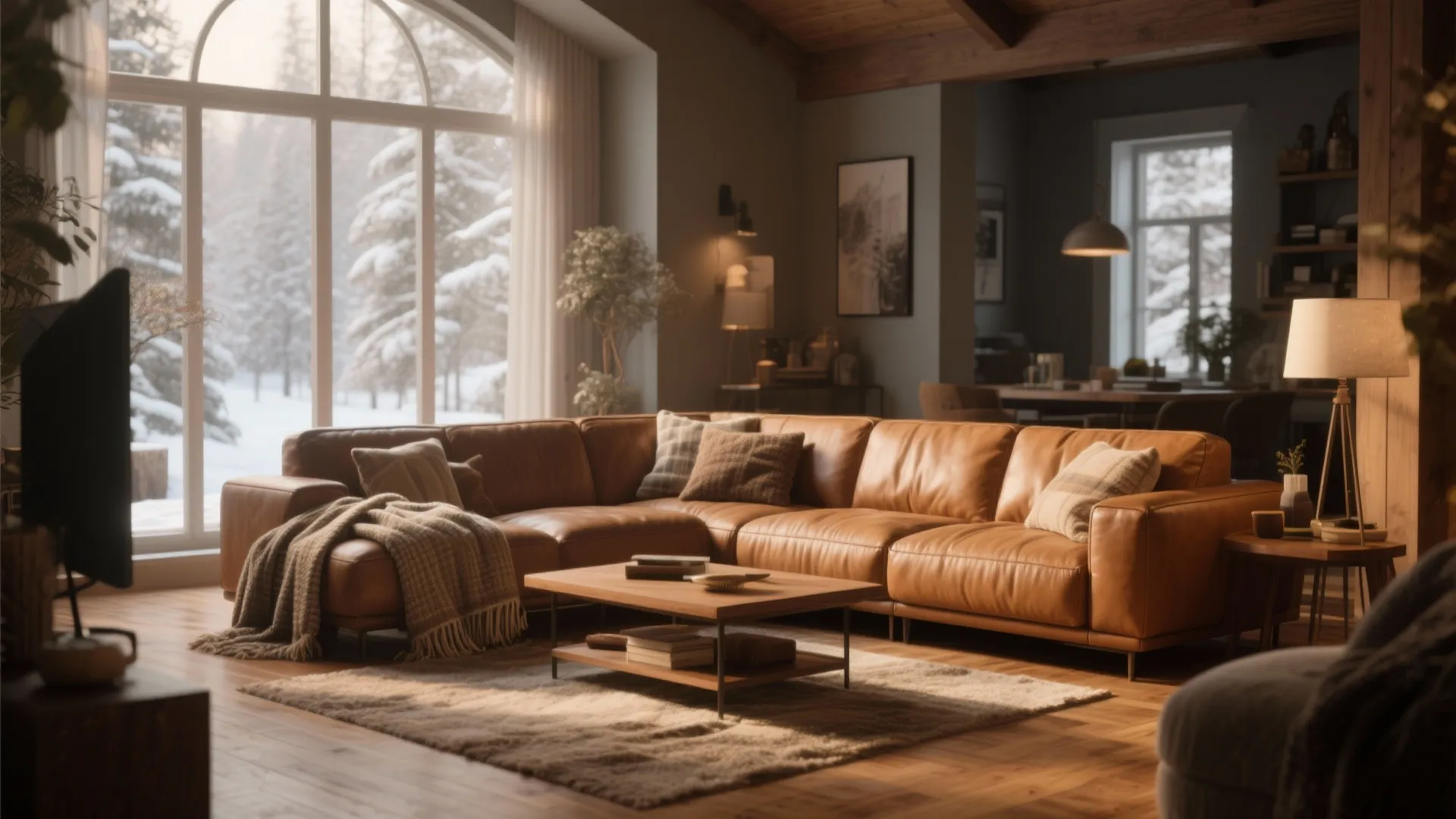 Cozy living room with brown leather sofa wooden coffee table and large window with snowy view