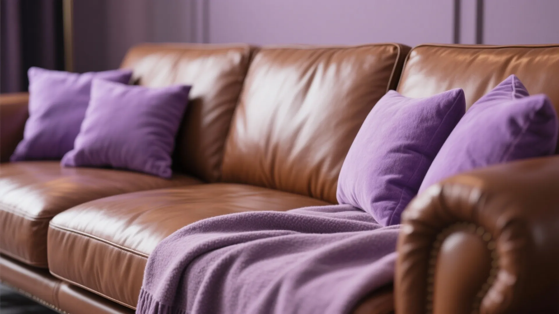 2. Brown Leather Sofa with Lavender Accents
