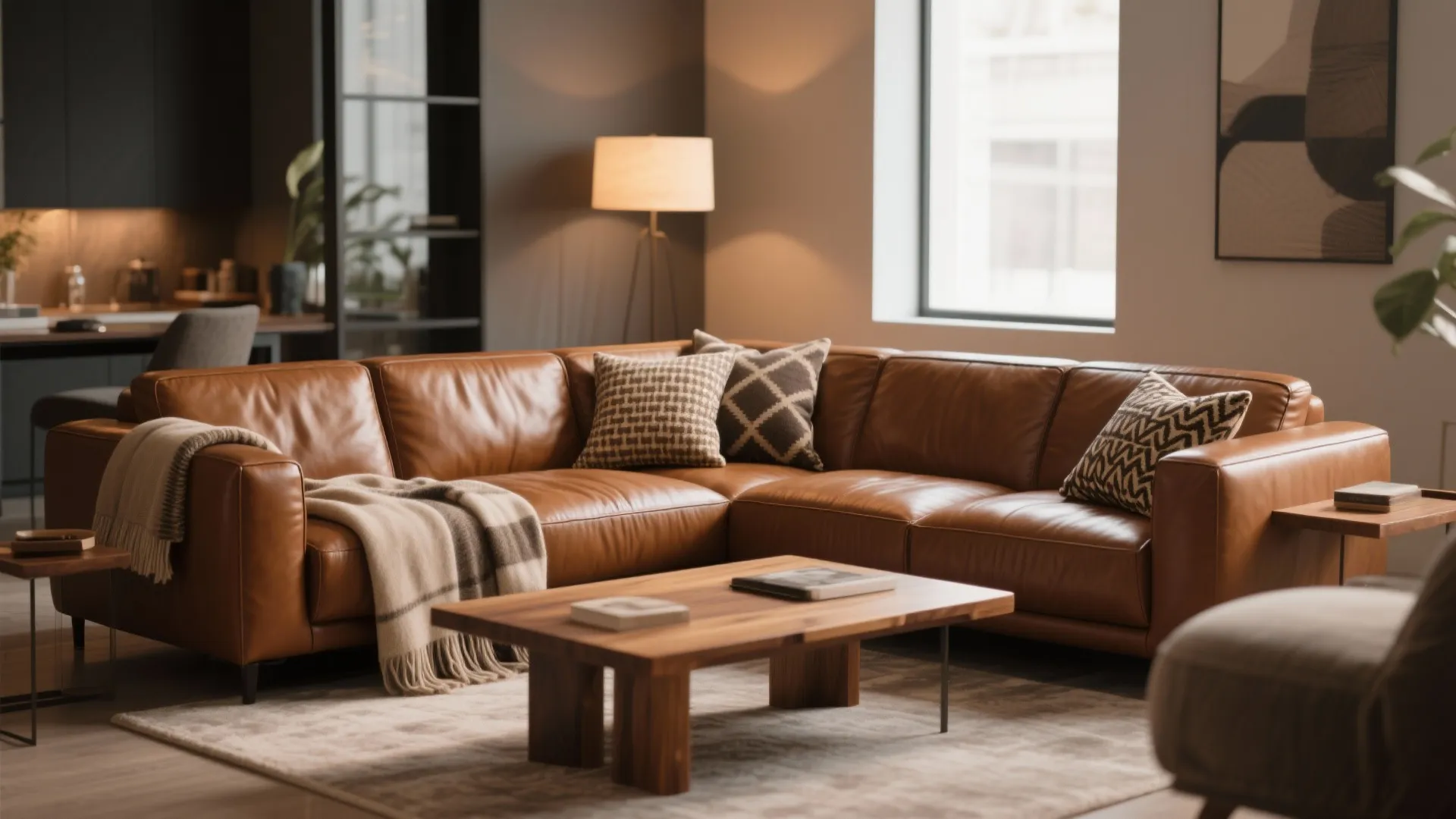 Brown leather sofa with pillows and blanket in living room with wooden coffee table lamp