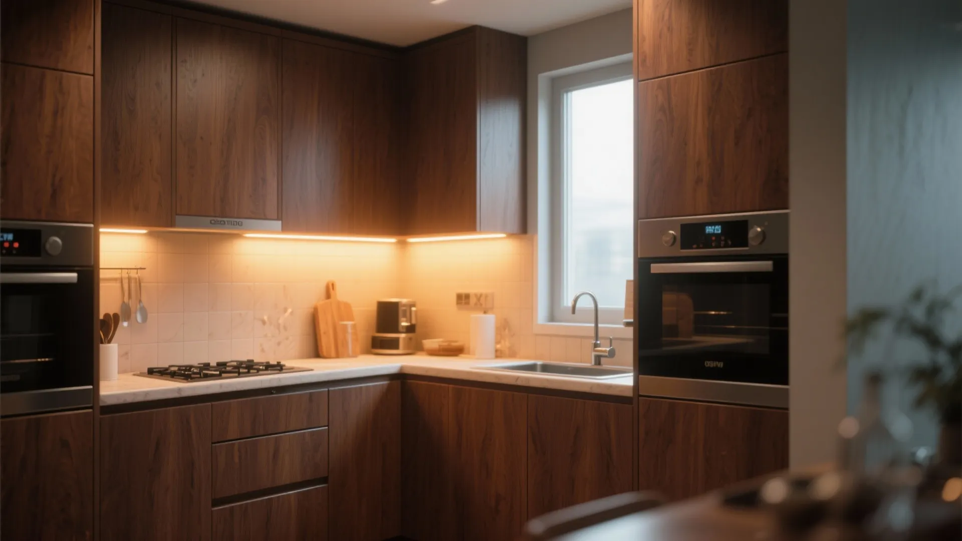 Dark wood kitchen cabinets with warm lights under top units and white tiled wall backsplash