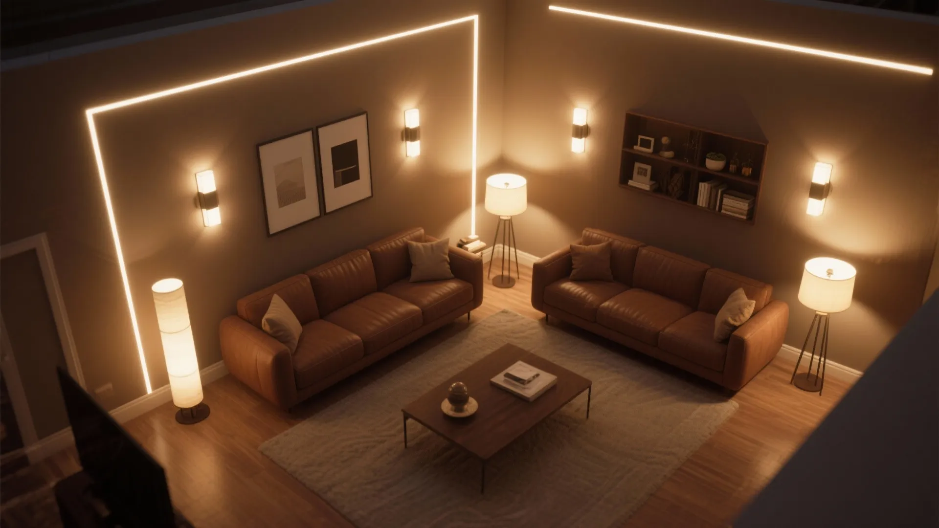 Modern living room featuring brown leather sofas with strip lighting and multiple warm floor lamps