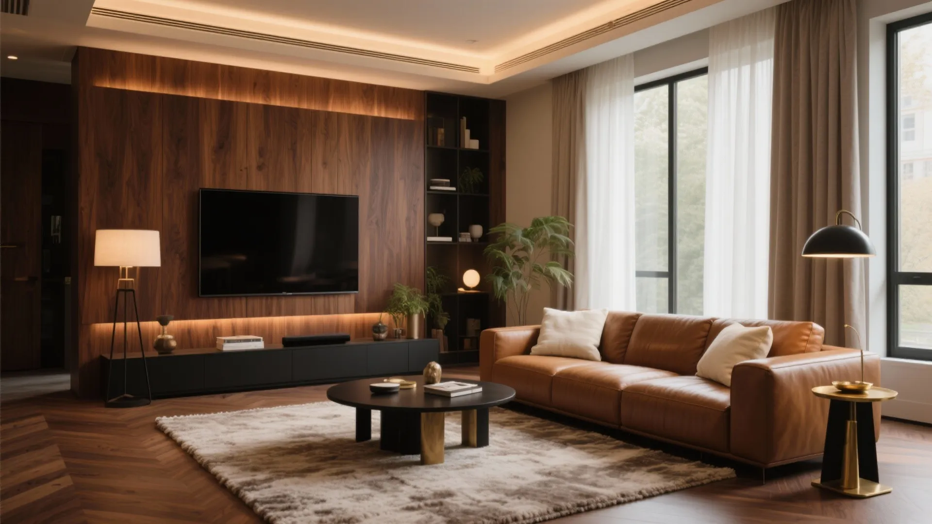 Modern living room featuring brown leather sofa dark wood wall panels black television and warm lighting