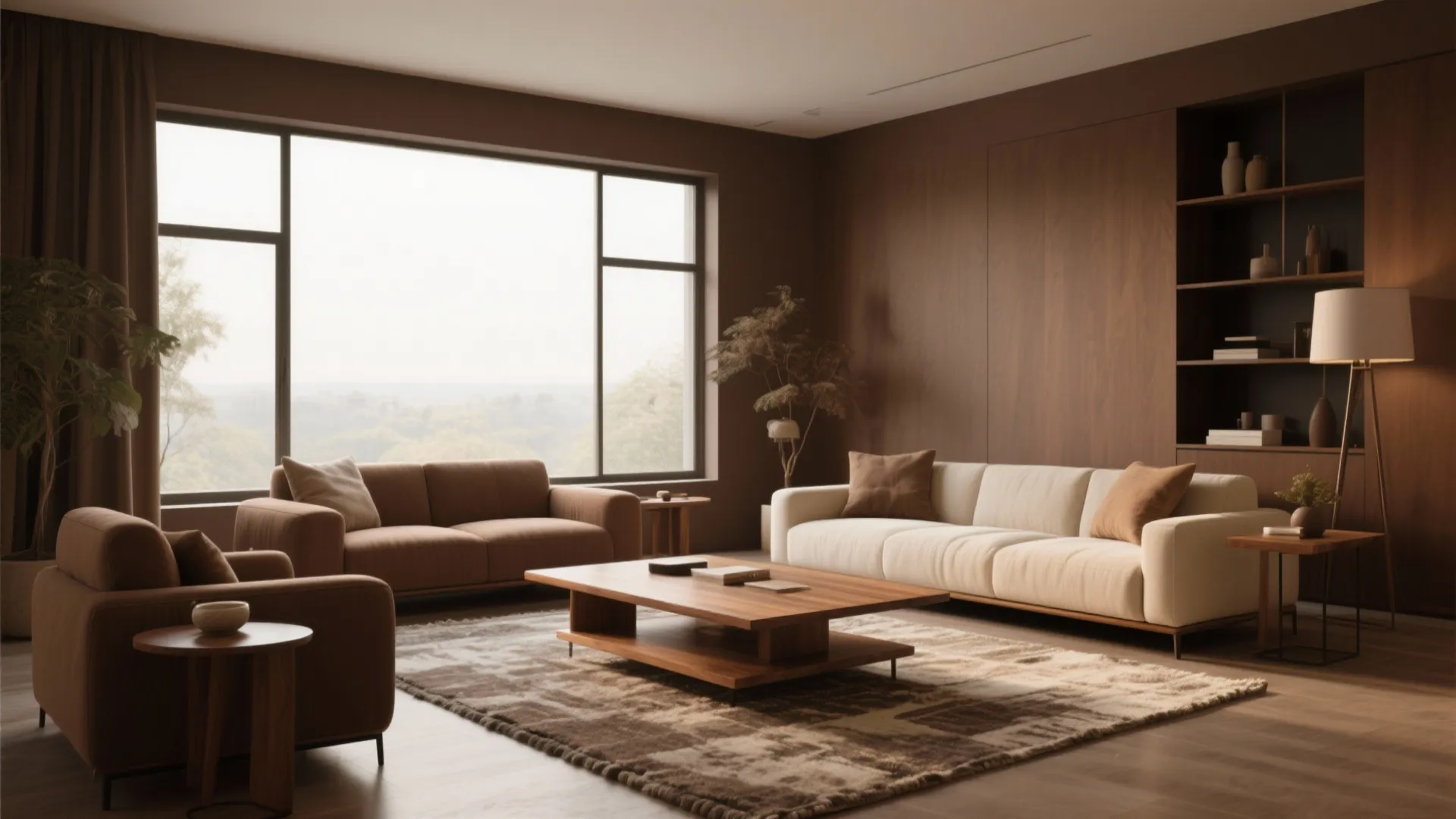 Spacious brown living room interior with two sofas wooden coffee table large windows and wall shelf