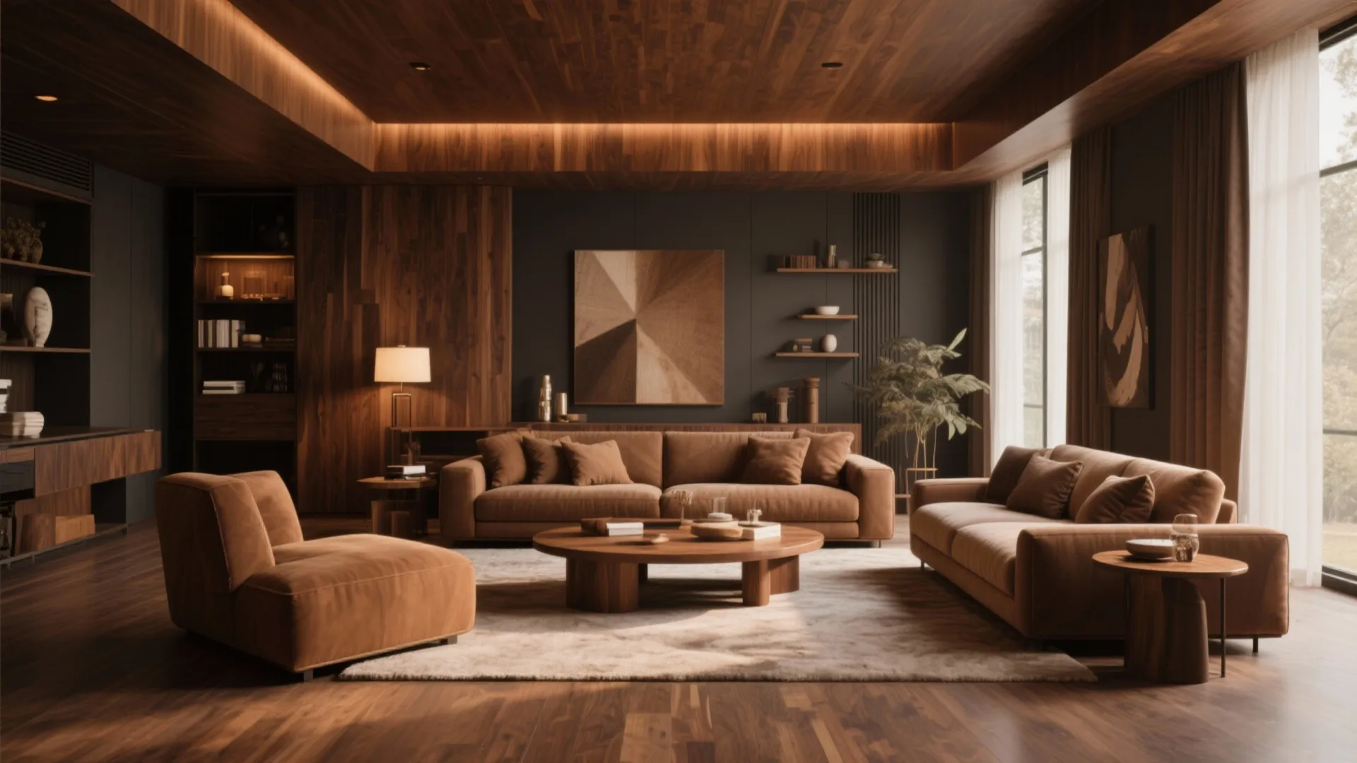 Modern living room with dark wood walls brown sofas wooden coffee table and warm ceiling light