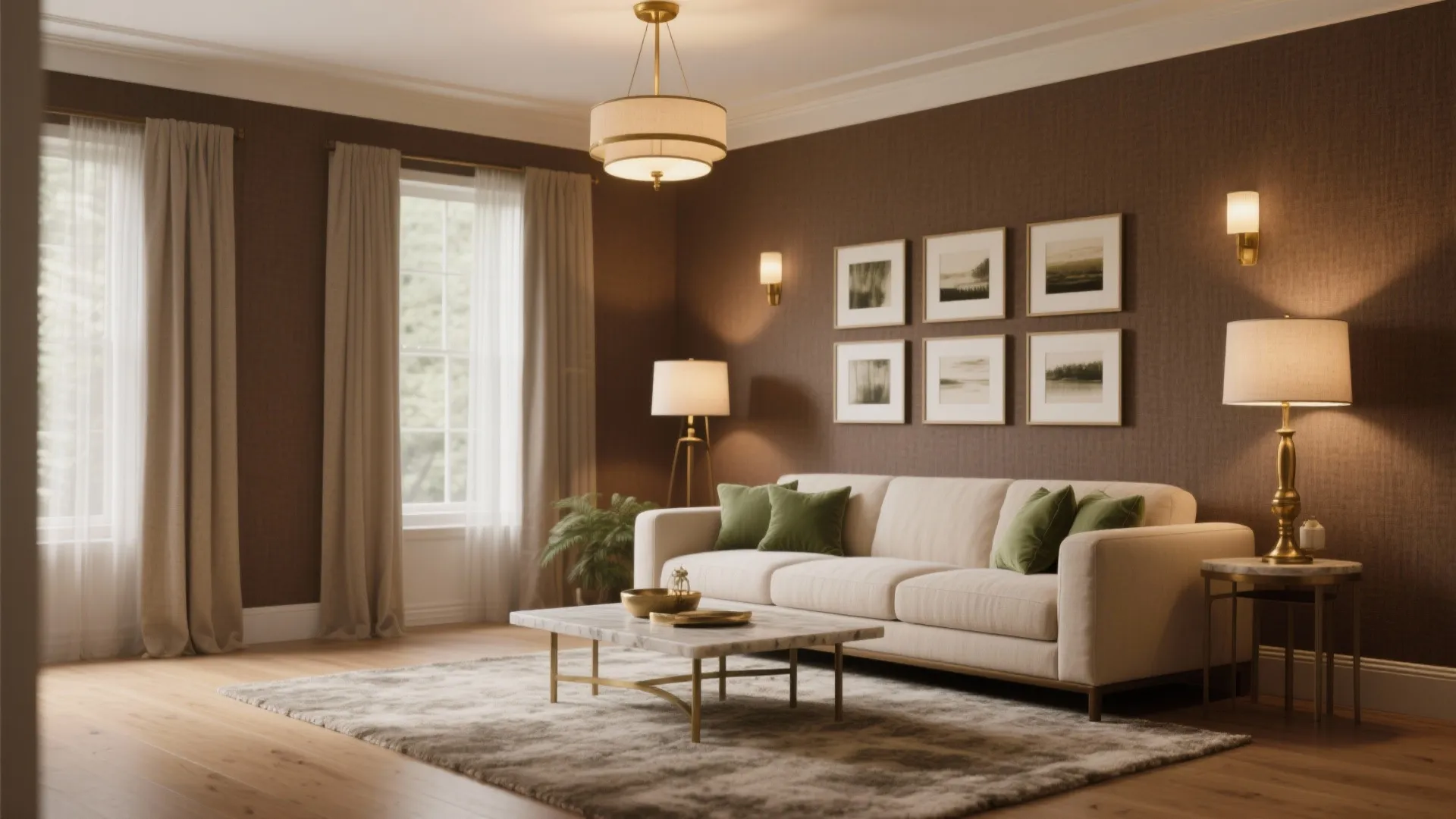 Modern living room with brown walls white sofa marble coffee table ceiling light and floor lamps