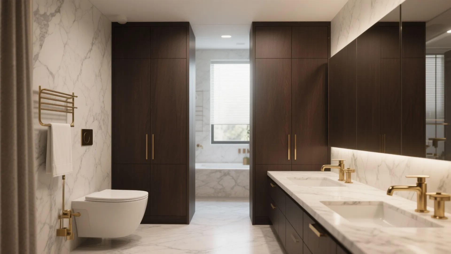 Modern bathroom with marble walls dark wood cabinets white toilet gold light fixtures and double sink
