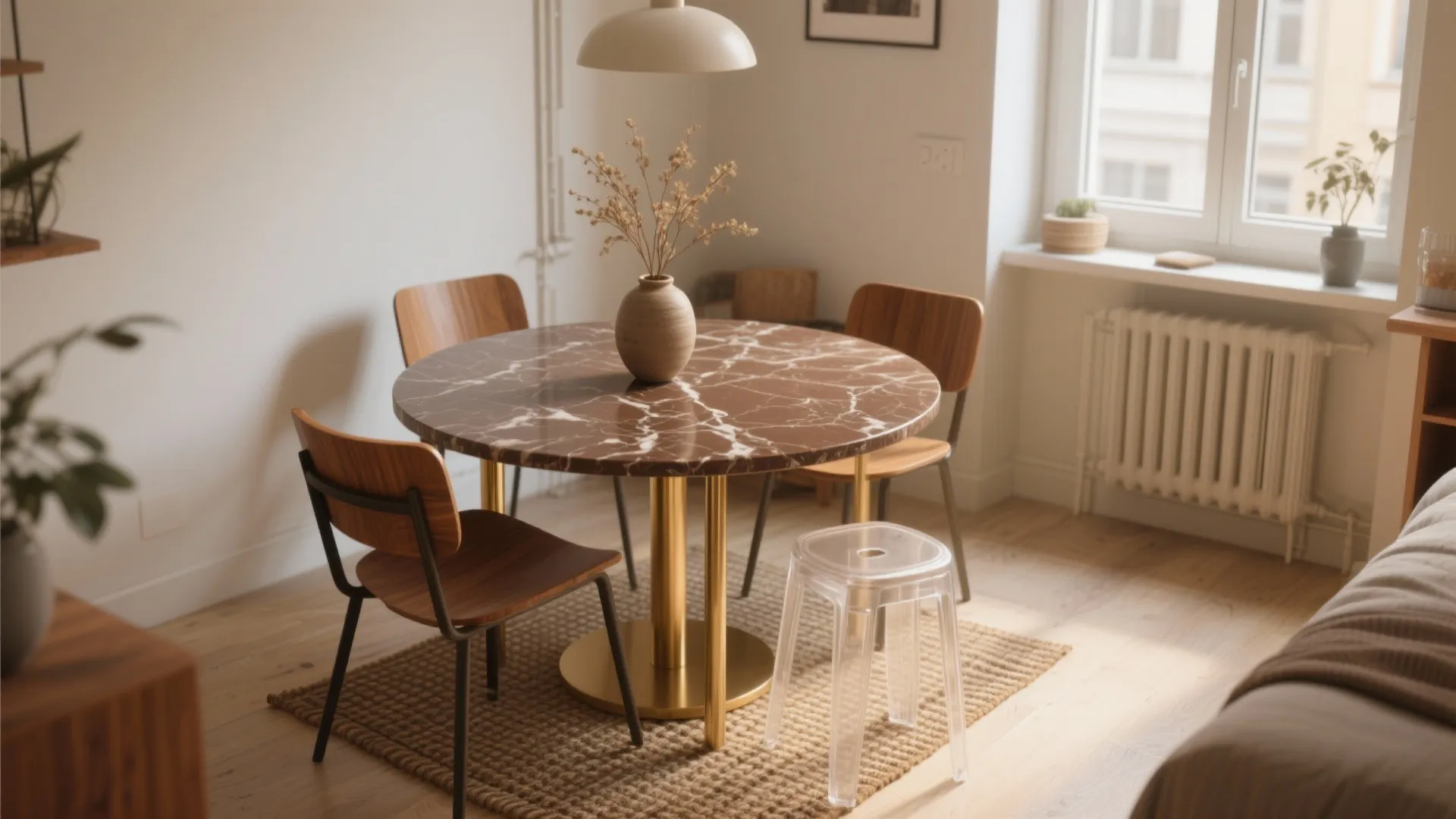 Round brown marble dining table with wooden chairs plus clear stool on a jute rug