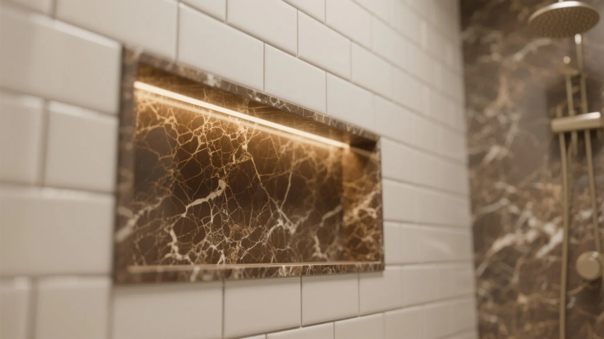 Modern shower wall with white tiles and a brown marble wall shelf featuring built-in lighting