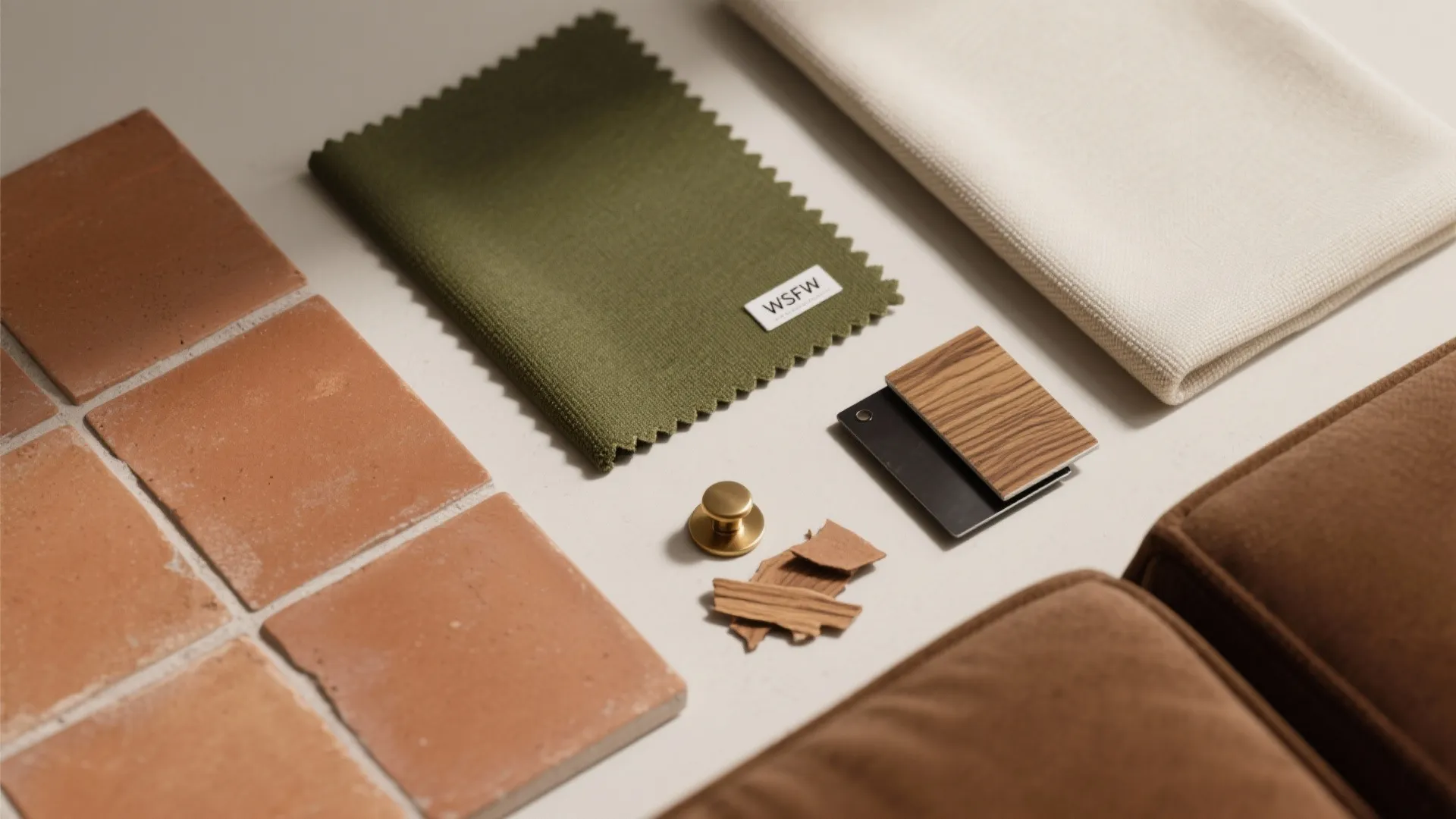 Flatlay of interior design materials including terracotta tiles green fabric wood samples and a knob