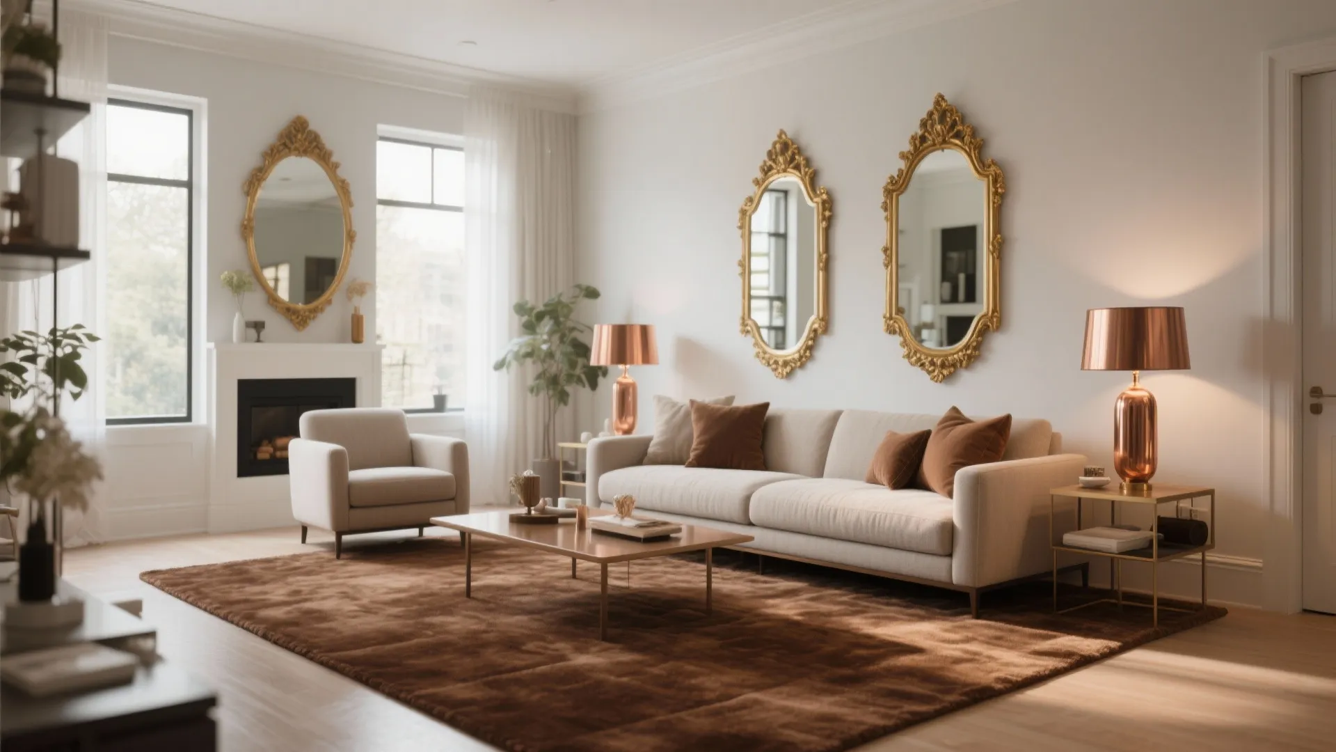 Brown carpet living room with metallic decor pieces
