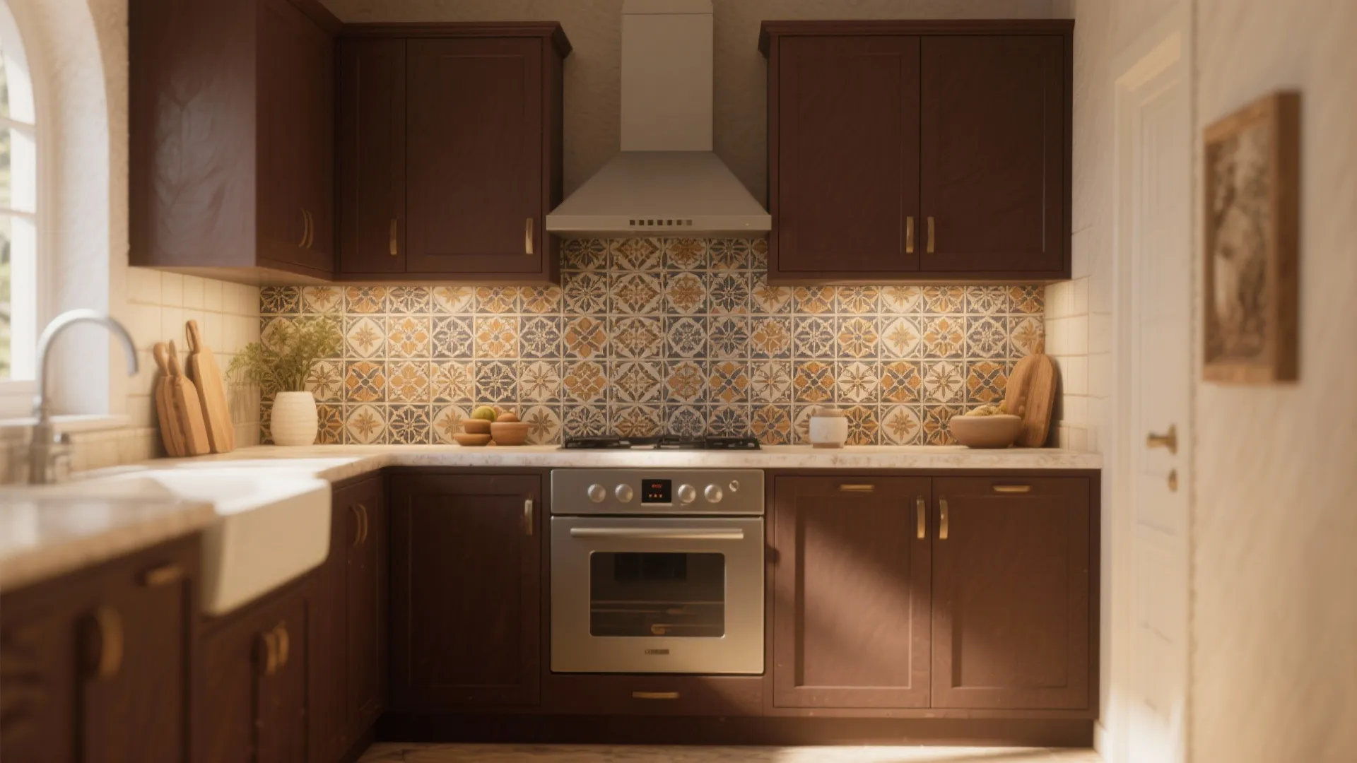 Cozy kitchen featuring patterned wall tiles brown cabinets silver oven white sink and wooden cutting boards