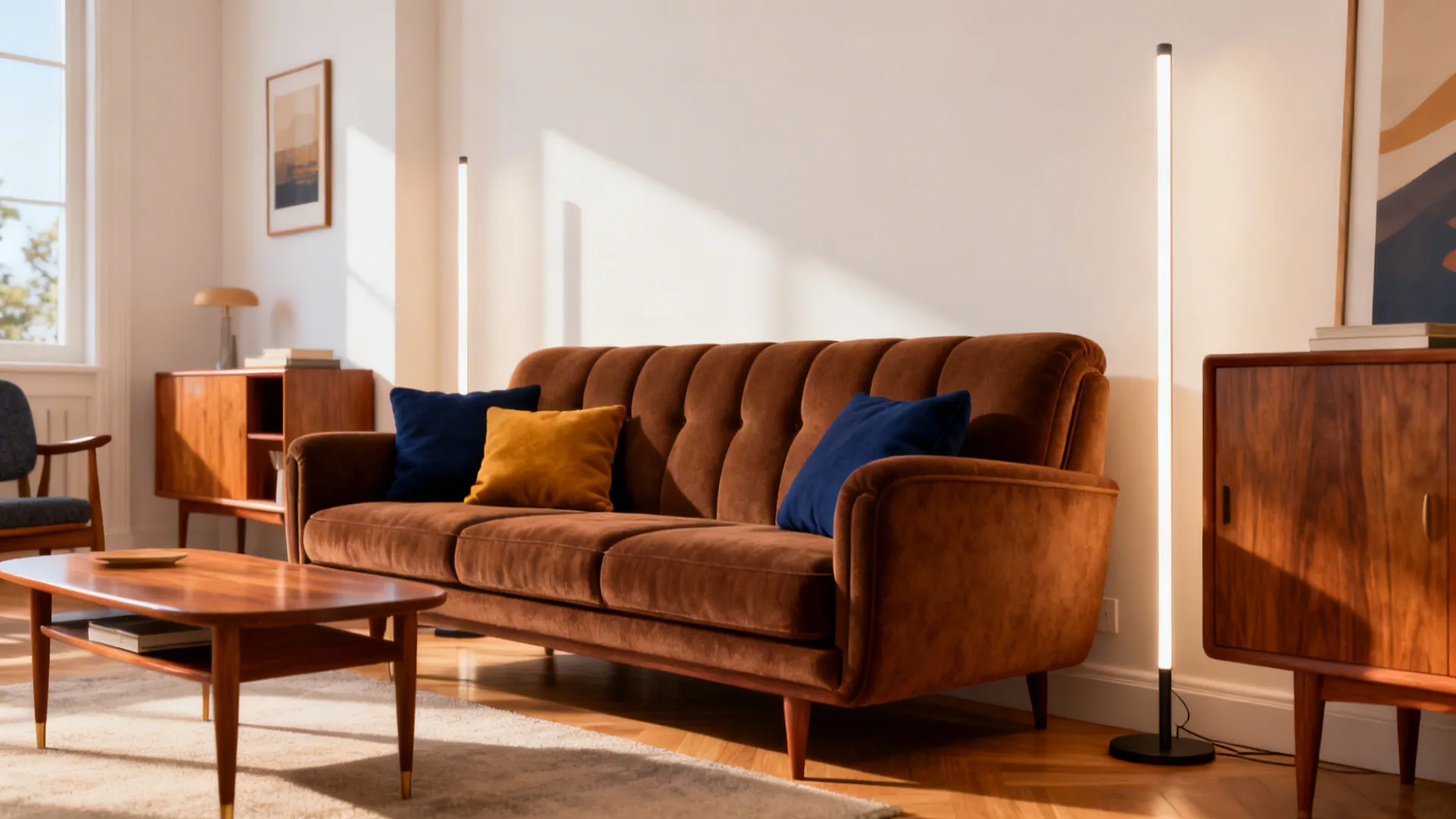 Brown sofa with navy and mustard pillows, wooden coffee table, cabinets, and tall light fixtures