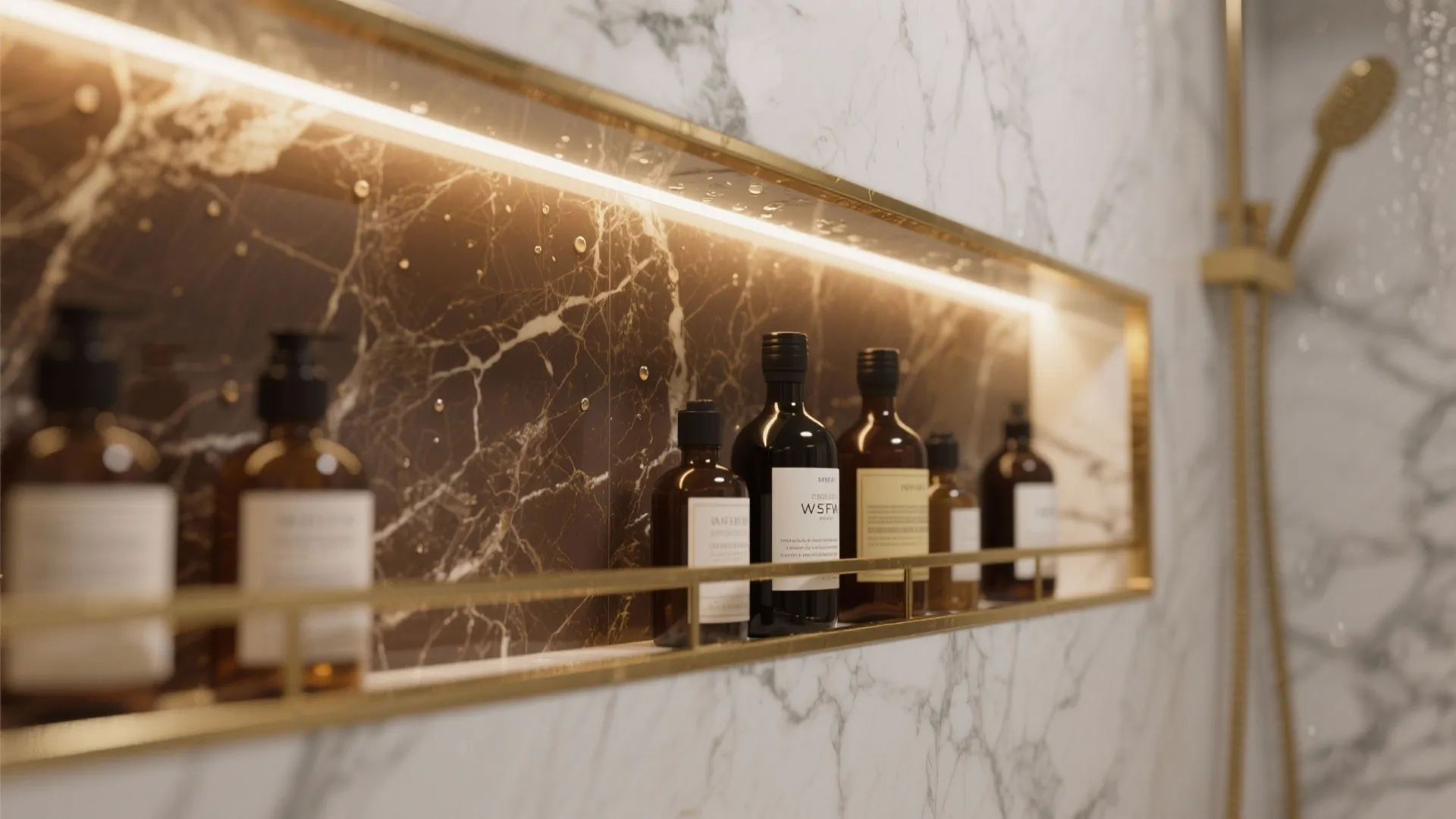 4) Brown Marble-Effect Porcelain with a Backlit Niche