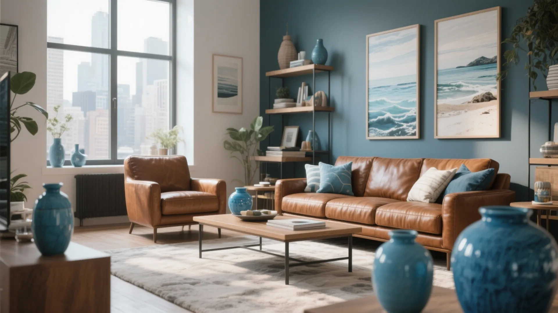 4. Warm Brown Furniture with Ocean-Inspired Decor
