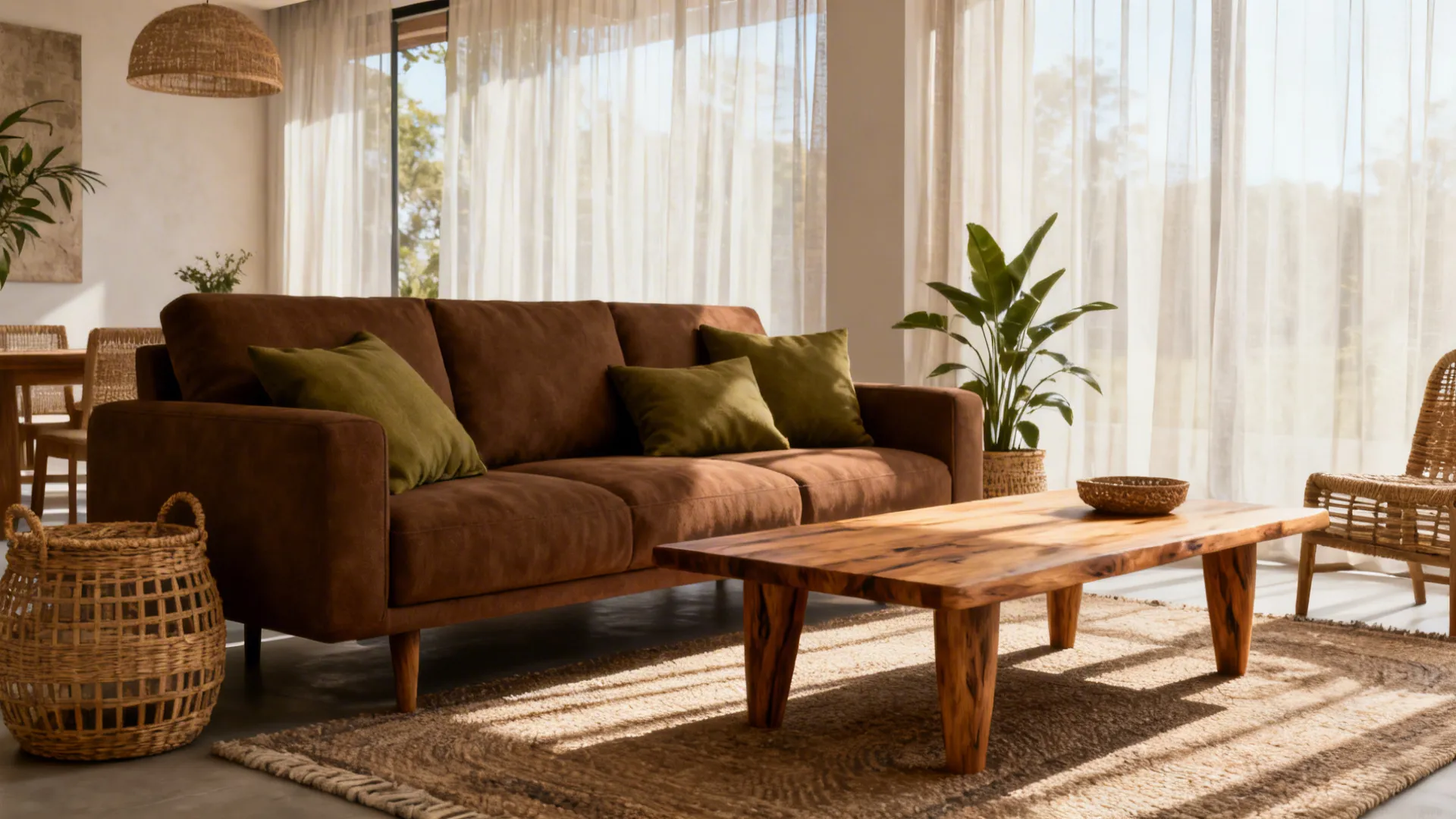 Brown sofa with green pillows, wooden coffee table, woven basket, rug, large windows and sunlight