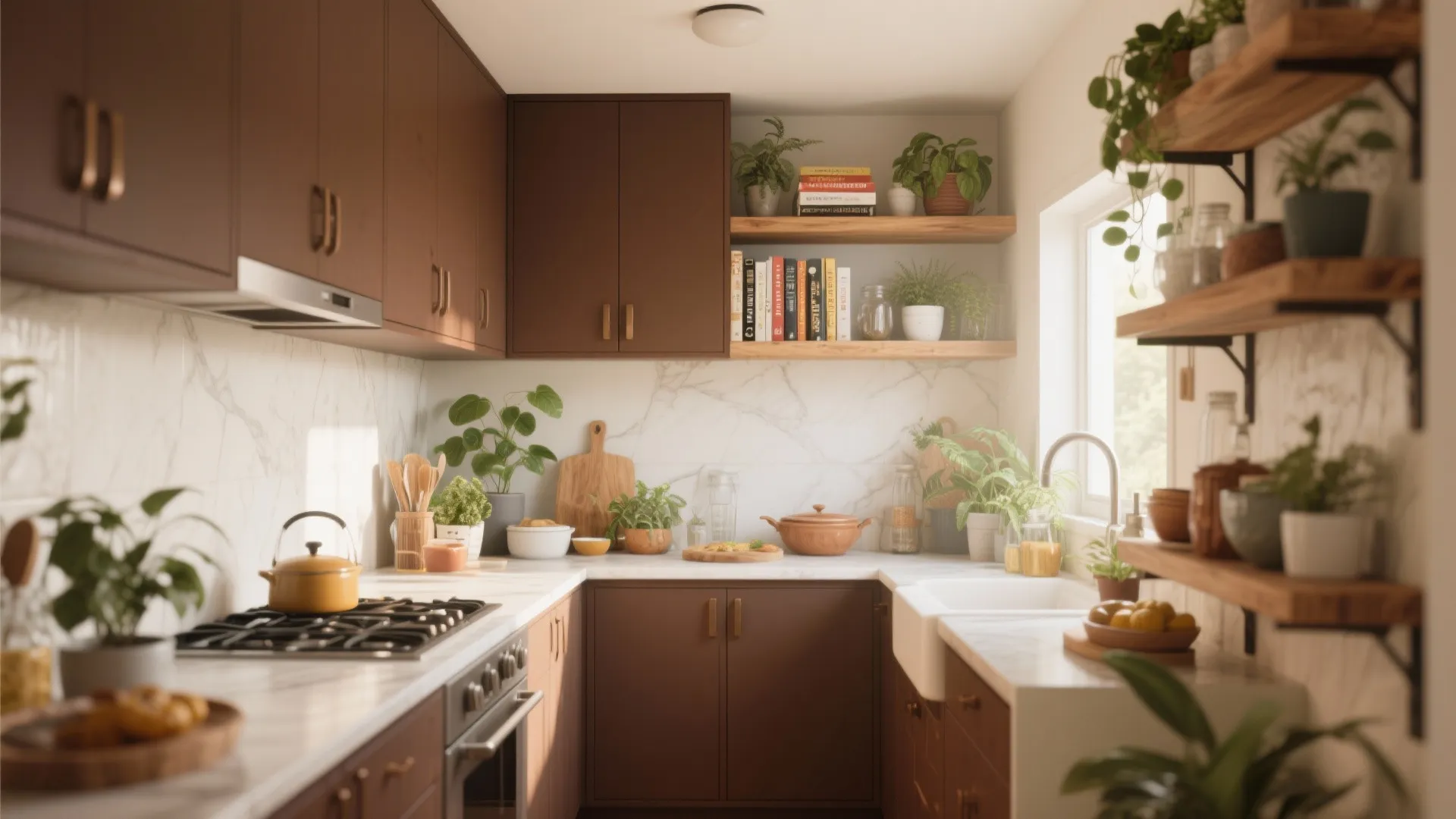 Modern kitchen with brown cabinets white marble backsplash wooden open shelves and many green potted plants