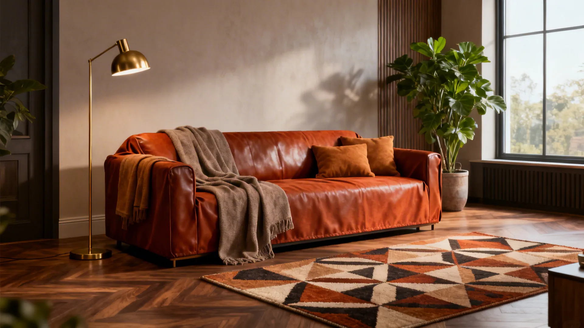 Brown leather sofa in a living room with a gold floor lamp and large plant