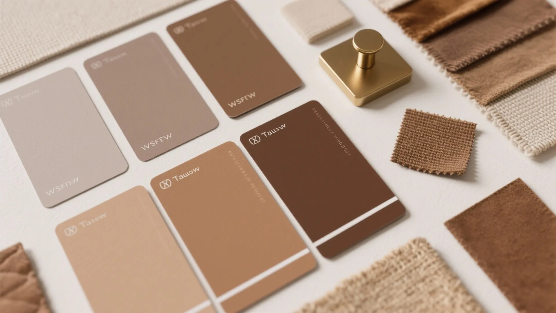 Top-down flatlay of brown paint swatches, fabric chips and brass hardware samples.