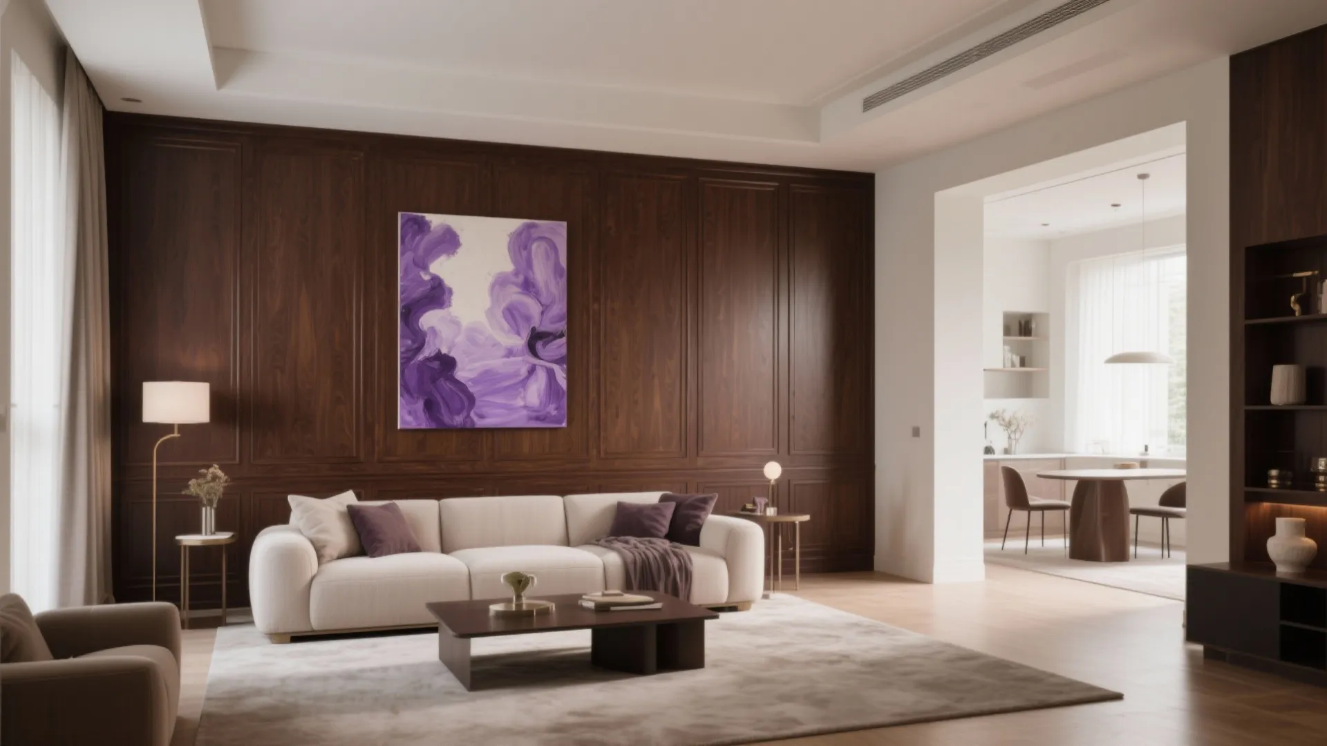 5. Chocolate Brown Paneled Wall with Lilac Art