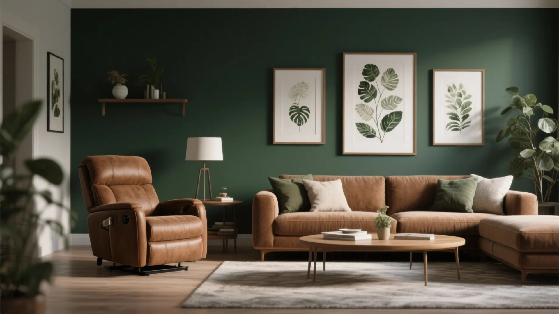 Brown recliner against olive accent wall with botanical prints