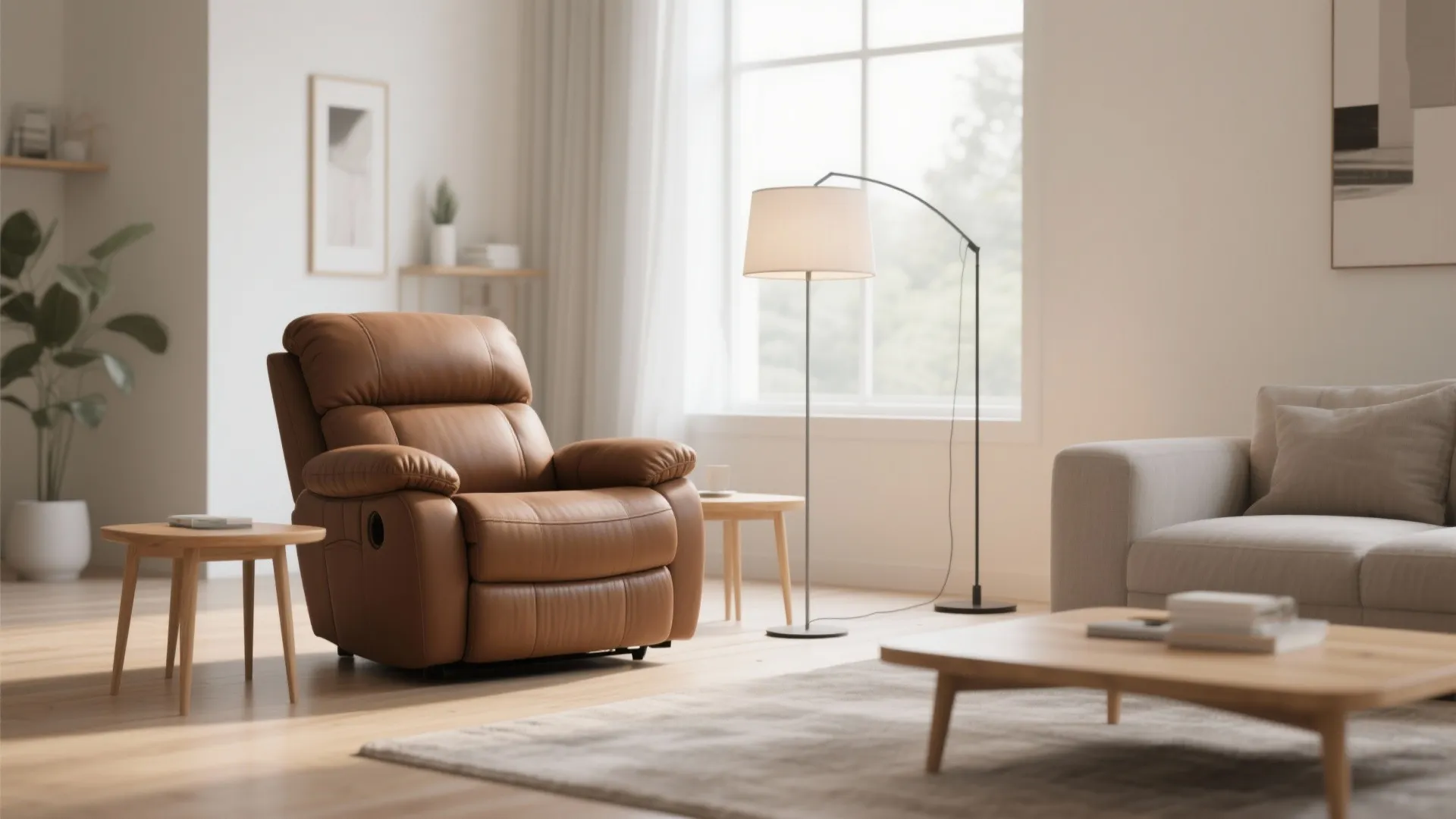 Brown recliner paired with light oak furniture in bright living room