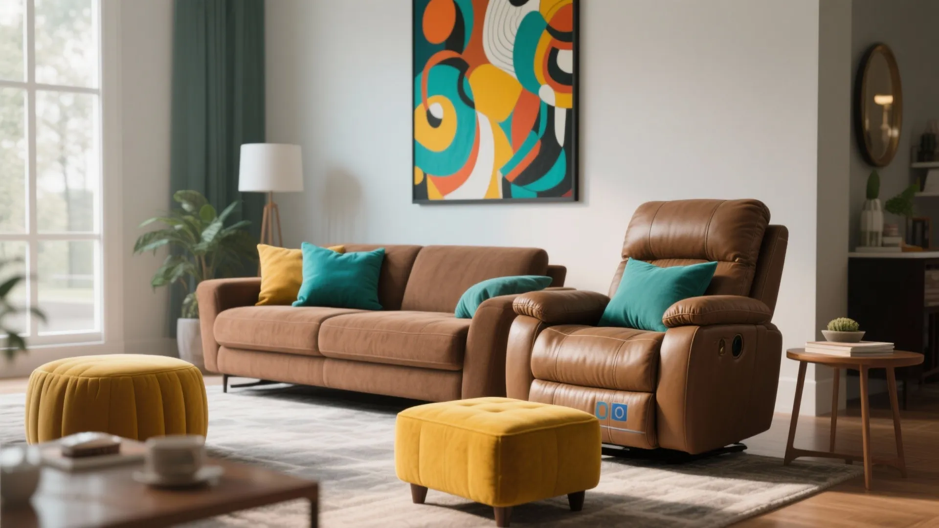 Brown recliner with teal pillows, mustard footstool, and bold wall art